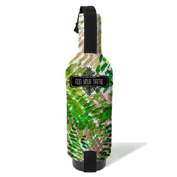 Personalized Wine Bottle Cooler with Adjustable Strap - Green & Pink Watercolor Design - Perfect for Picnics, Parties & Outdoor Events