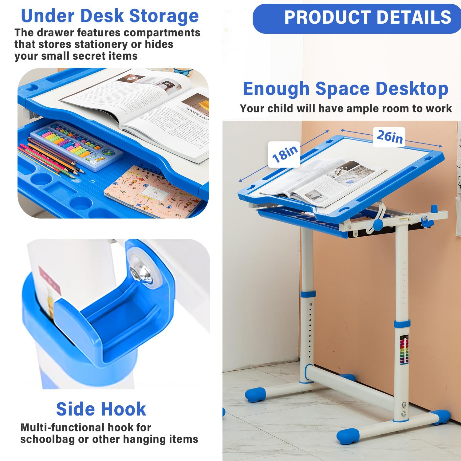 Adjustable Kids Desk and Chair Set - Ergonomic Study Table with Storage Drawer, Tilt Desktop & Metal Hook - Blue Children's Writing Desk for Home Schooling & Online Learning