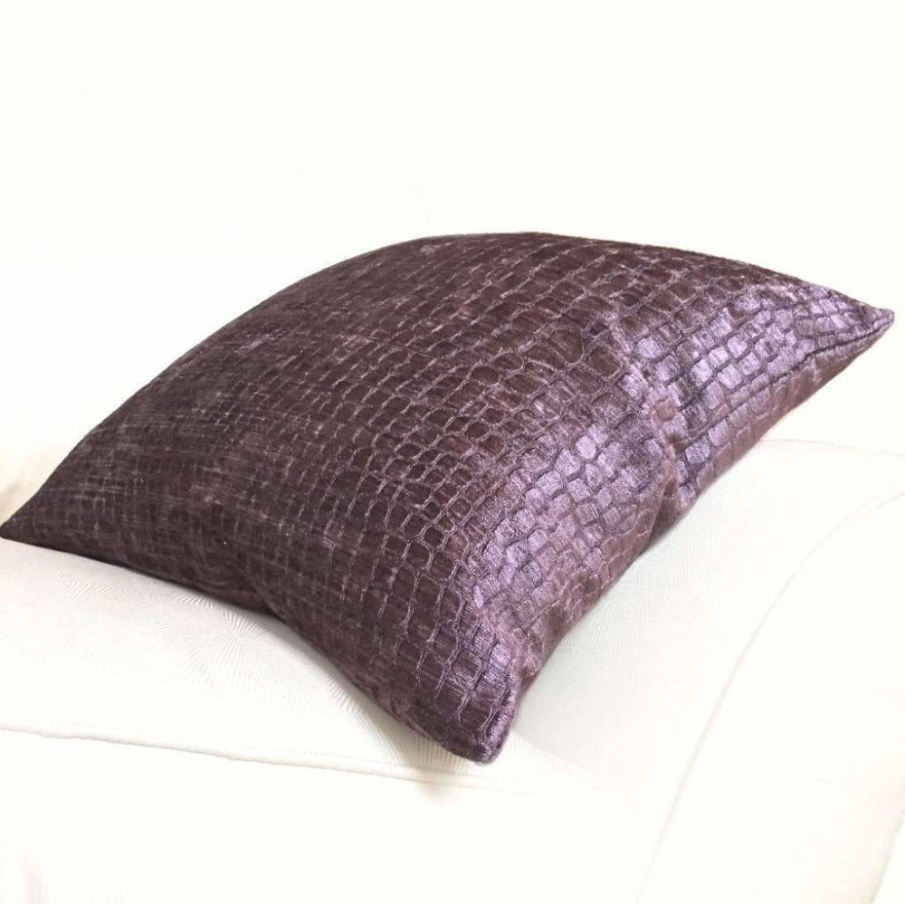 Luxury Crocodile Alligator Pattern Chenille Velvet Pillow Cover - Soft Plum Purple Decorative Throw Pillow Case for Sofa, Bed, Living Room & Home Decor