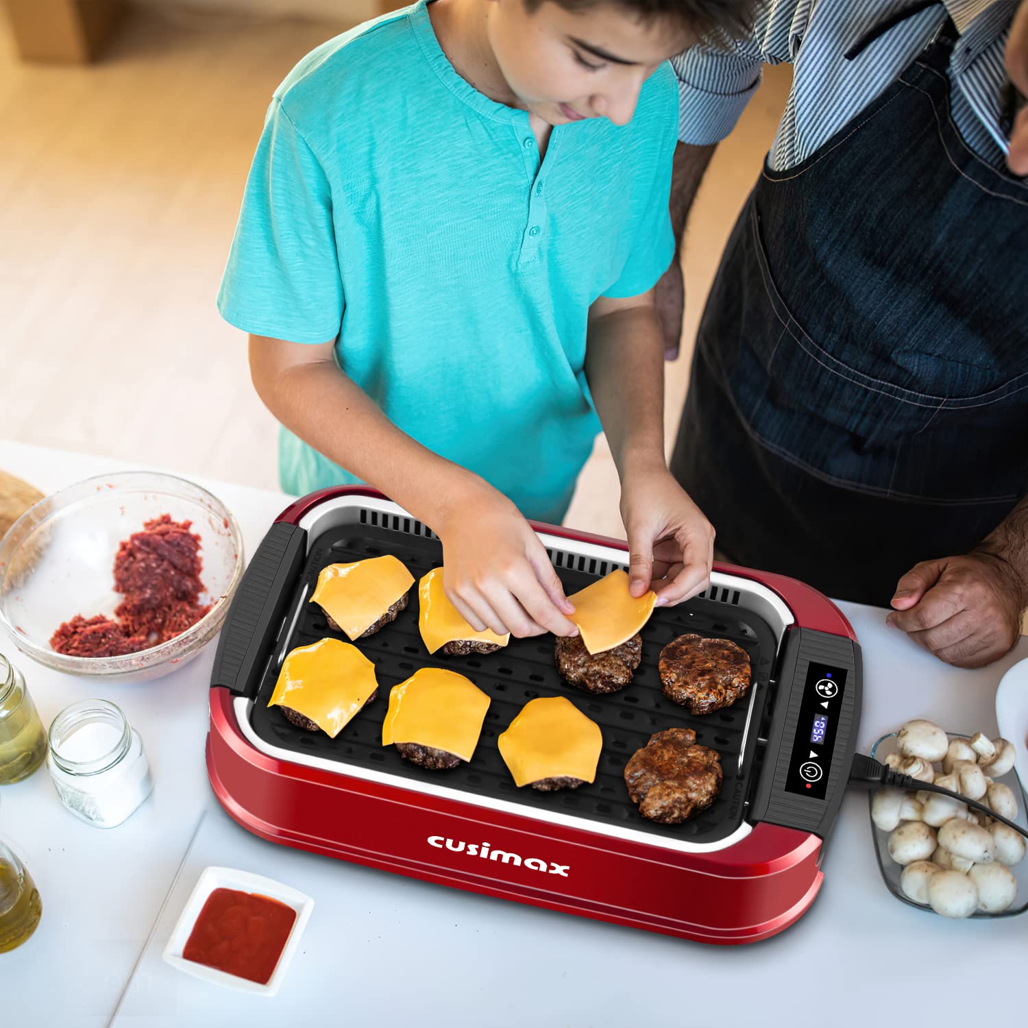 CUSIMAX 1500W Electric Indoor Smokeless Grill - Korean BBQ Griddle with LED Smart Display, Tempered Glass Lid & Non-Stick Removable Plates (Red) - Perfect for Home Cooking, Family Gatherings & Healthy Meals