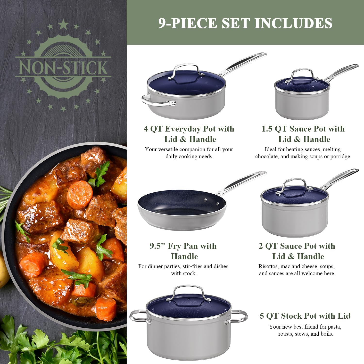 Nuwave 9-Piece Cookware Set - Blue Ceramic Nonstick Coating, Diamond-Infused Scratch Resistant, PFAS-Free, Oven & Induction Safe, Even Heat Distribution with Tempered Glass Lids & Stay-Cool Handles - Perfect for Healthy Cooking, Frying, Baking & Everyday Meal Prep