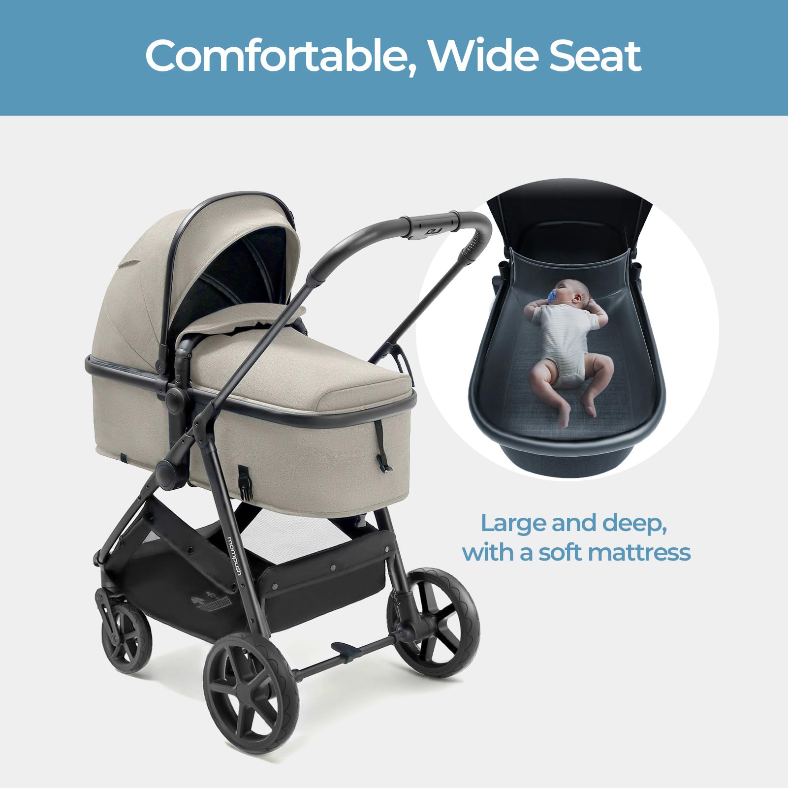 Mompush Wiz 2-in-1 Convertible Baby Stroller with Bassinet & Reversible Seat, Foldable Lightweight Infant Stroller with Large UPF 50+ Sun Canopy - Perfect for Newborns, Travel & Daily Walks