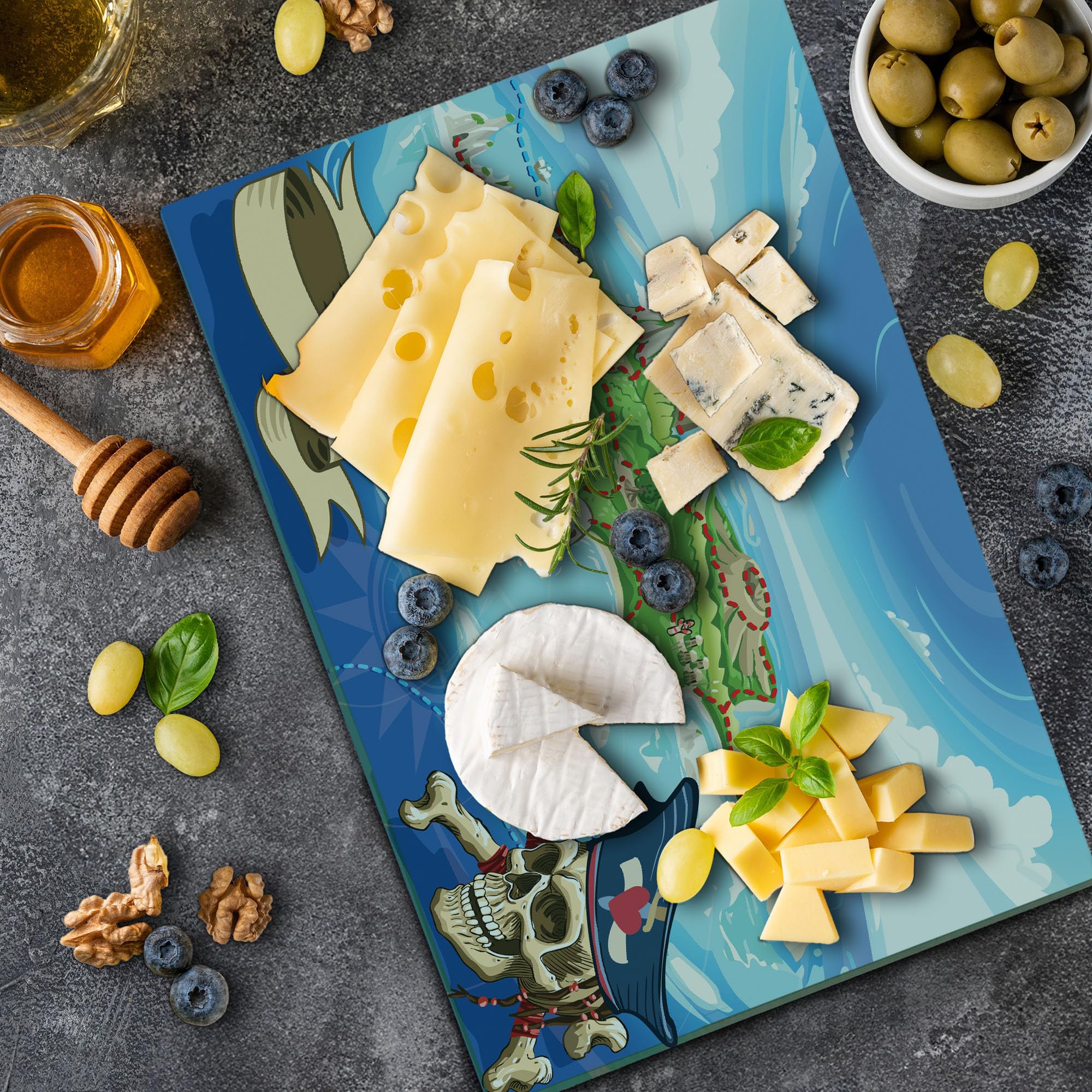 Ambesonne Pirate Island Map Cutting Board - Large Tempered Glass Serving Board with Aerial View of Fantasy Cove, Skull & Crossbones - Decorative Kitchen Accessory for Cooking, Entertaining & Gifts