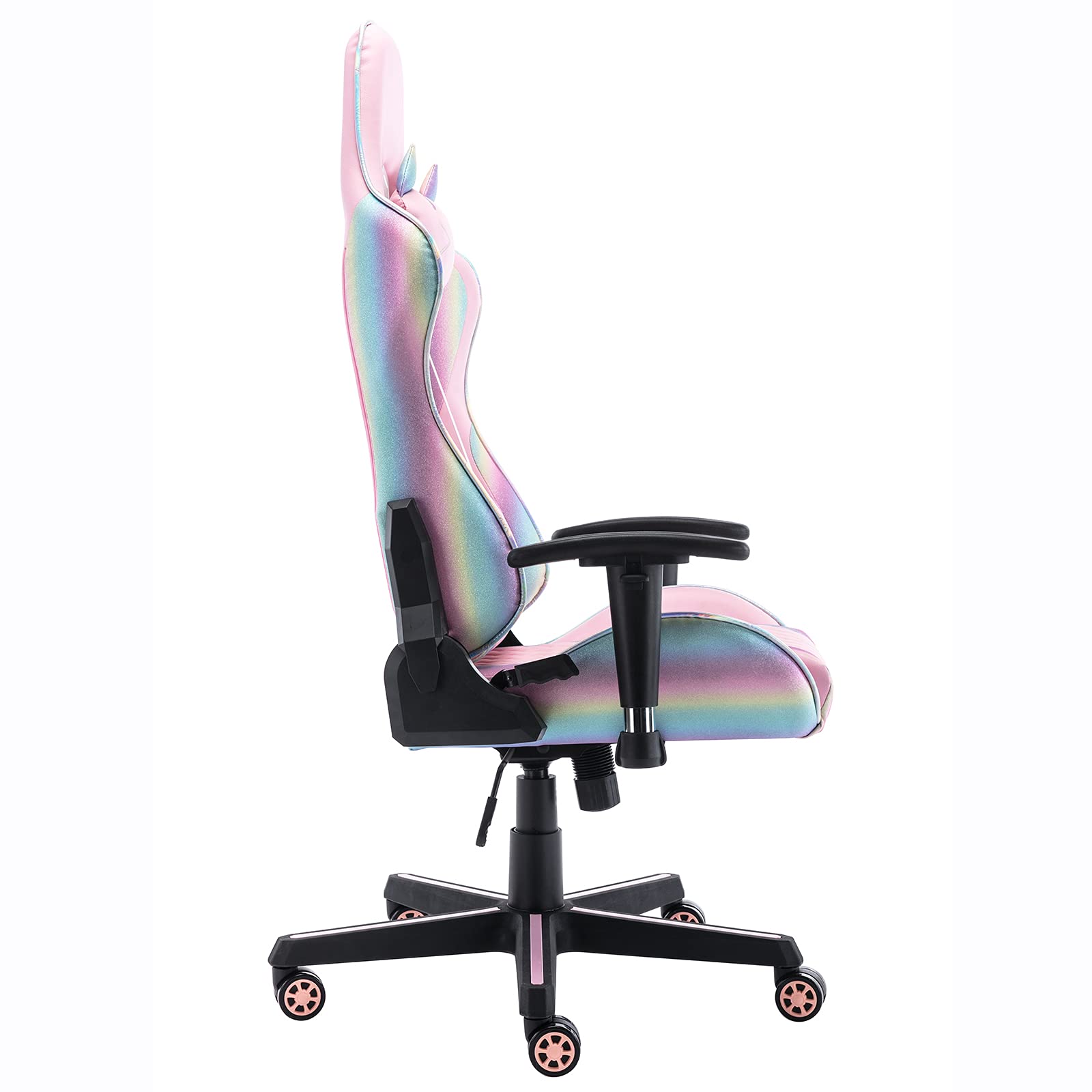 Ergonomic Pink Gaming Chair with Cute Cat Headrest & Lumbar Support - Comfortable Computer Desk Chair for Adults & Kids (Rainbow, Black Base) - Perfect for Home Office, Gaming Setup & Study Room