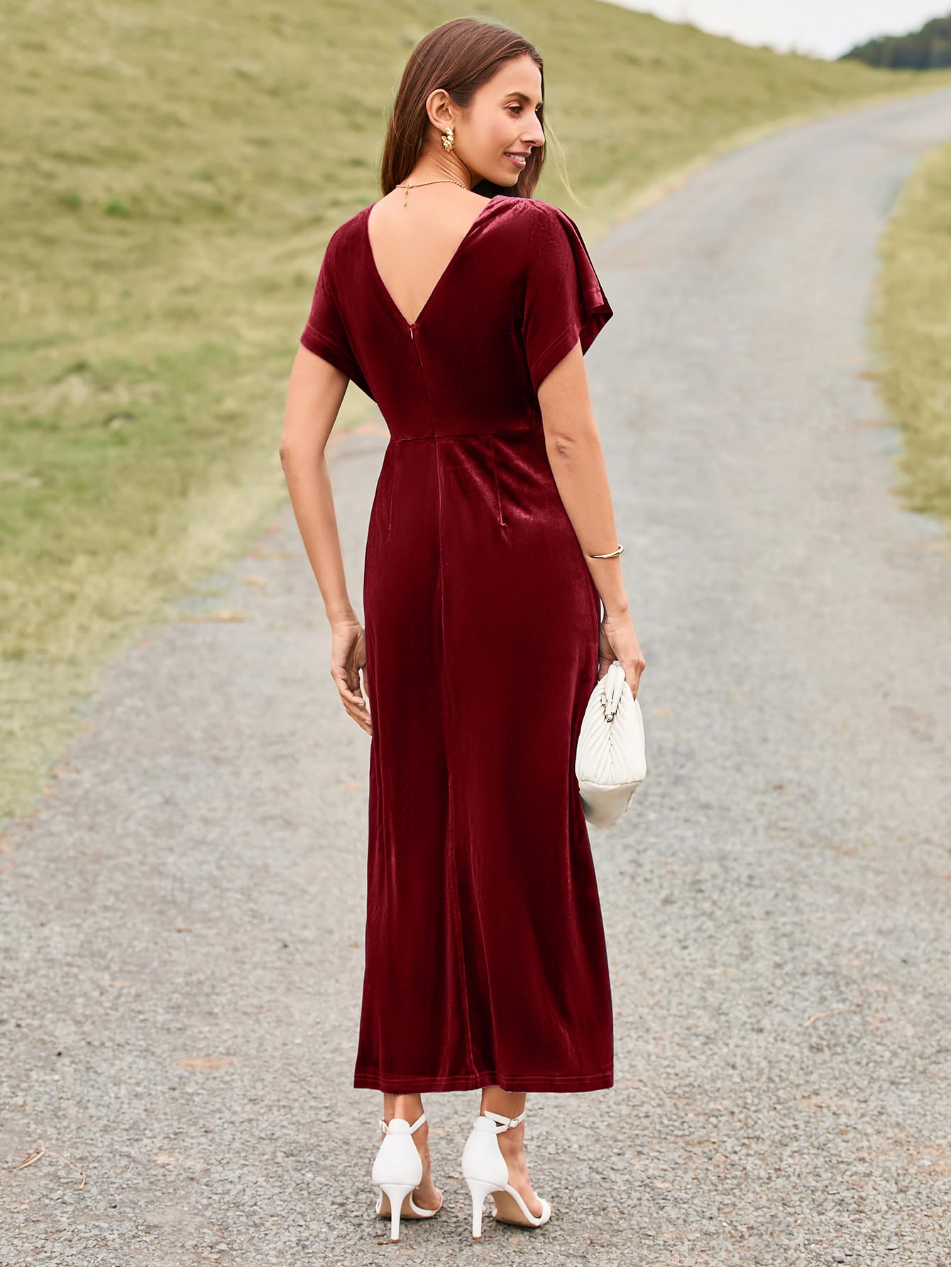 Simplee Women's Velvet Maxi Dress - Short Sleeve V-Neck Formal Bodycon Dress for Wedding Guest, Prom, Fall Events & Special Occasions