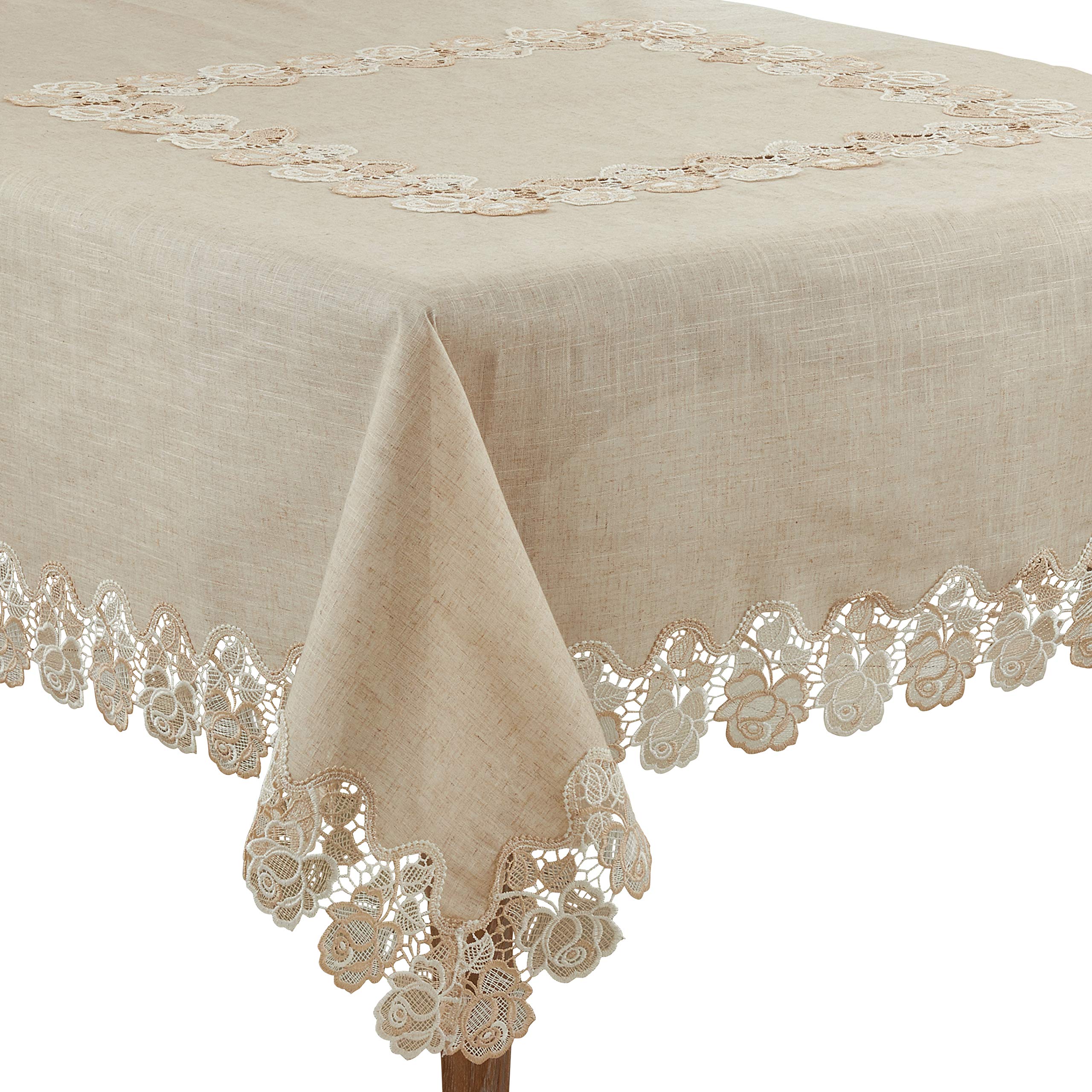 SARO LIFESTYLE Celeste Collection 72-inch Natural Lace Rose Border Tablecloth - Elegant Dining Decor for Weddings, Parties & Home Decor