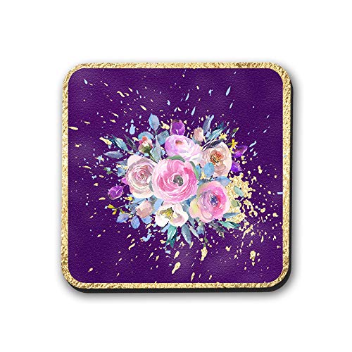 Violet Floral Watercolor Coasters Set of 4 - Absorbent Ceramic Drink Coasters for Coffee, Tea & Wine - Elegant Table Decor for Home, Office & Gifts