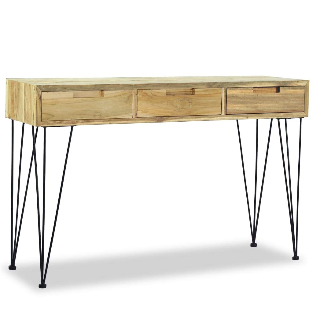Rustic Industrial Console Table with 3 Drawers - Solid Teak Wood Sofa Table with Iron Legs, 47.2