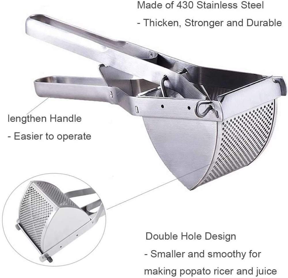 Premium Stainless Steel Potato Ricer & Masher - Heavy Duty Food Strainer for Creamy Mashed Potatoes, Purees, Baby Food & Juicing - Ideal for Kitchen, Restaurant & Meal Prep (Silver)