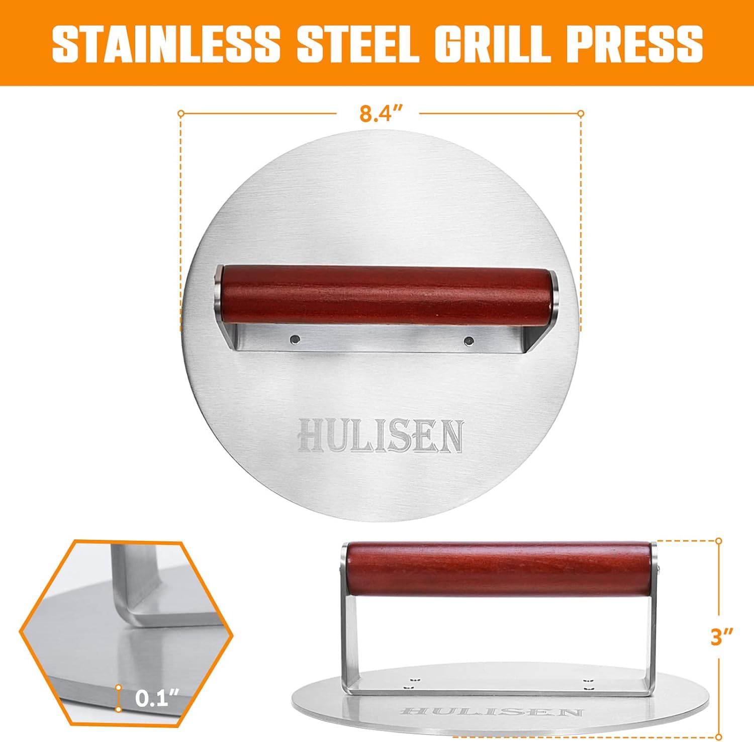 **HULISEN 8.5-Inch Heavy Duty Stainless Steel Burger Press – 2.5 lbs Bacon & Grill Smasher with Wood Handle – Perfect for Hamburgers, Steaks & BBQ – Ideal for Grilling, Smashing Patties & Cooking on Griddles**
