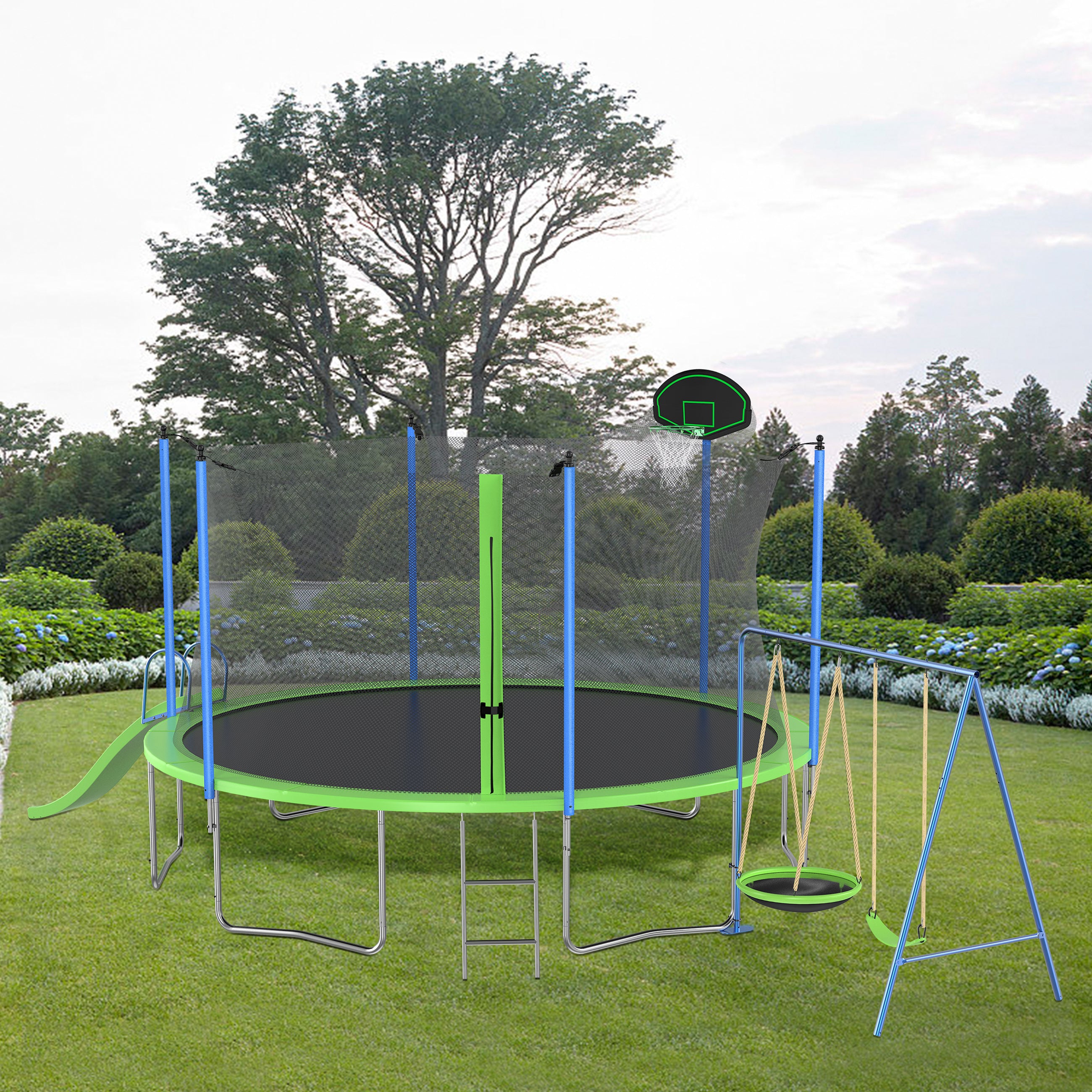 12FT Trampoline with Slide, Swings, Basketball Hoop & Ladder - ASTM Approved Outdoor Backyard Trampoline with Safety Net for Kids & Adults - Perfect for Family Fun, Exercise & Outdoor Play