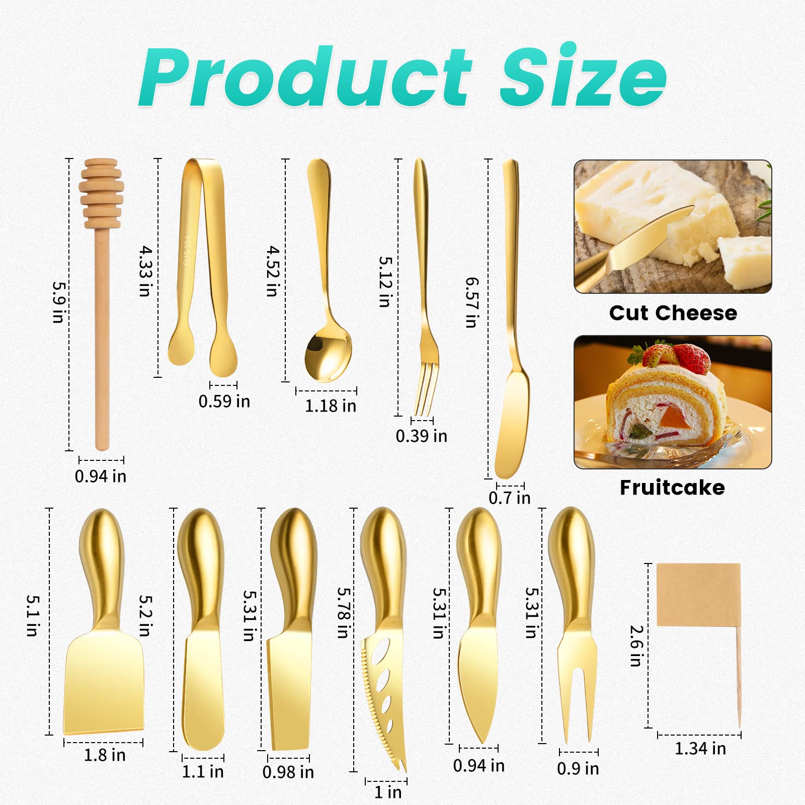 Premium Gold Cheese Knife Set - Stainless Steel Cheese Slicer & Butter Spreader with Serving Tongs, Spoons, Forks, Flags & Honey Dipper - Perfect for Charcuterie Boards, Cheese Platters & Gourmet Entertaining