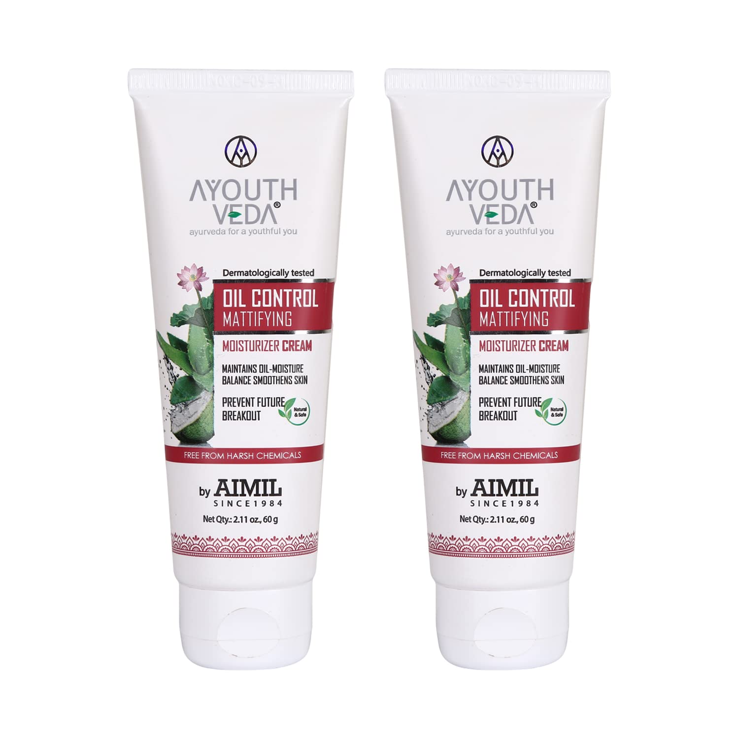 Ayouthveda Oil Control Mattifying Moisturizer Cream for Oily & Acne-Prone Skin | Green Tea, Aloe Vera & Coconut Water Formula | Reduces Redness & Breakouts | Hydrates & Smooths Skin | Pack of 2 (60g Each) | Perfect for Daily Skincare Routine & Travel