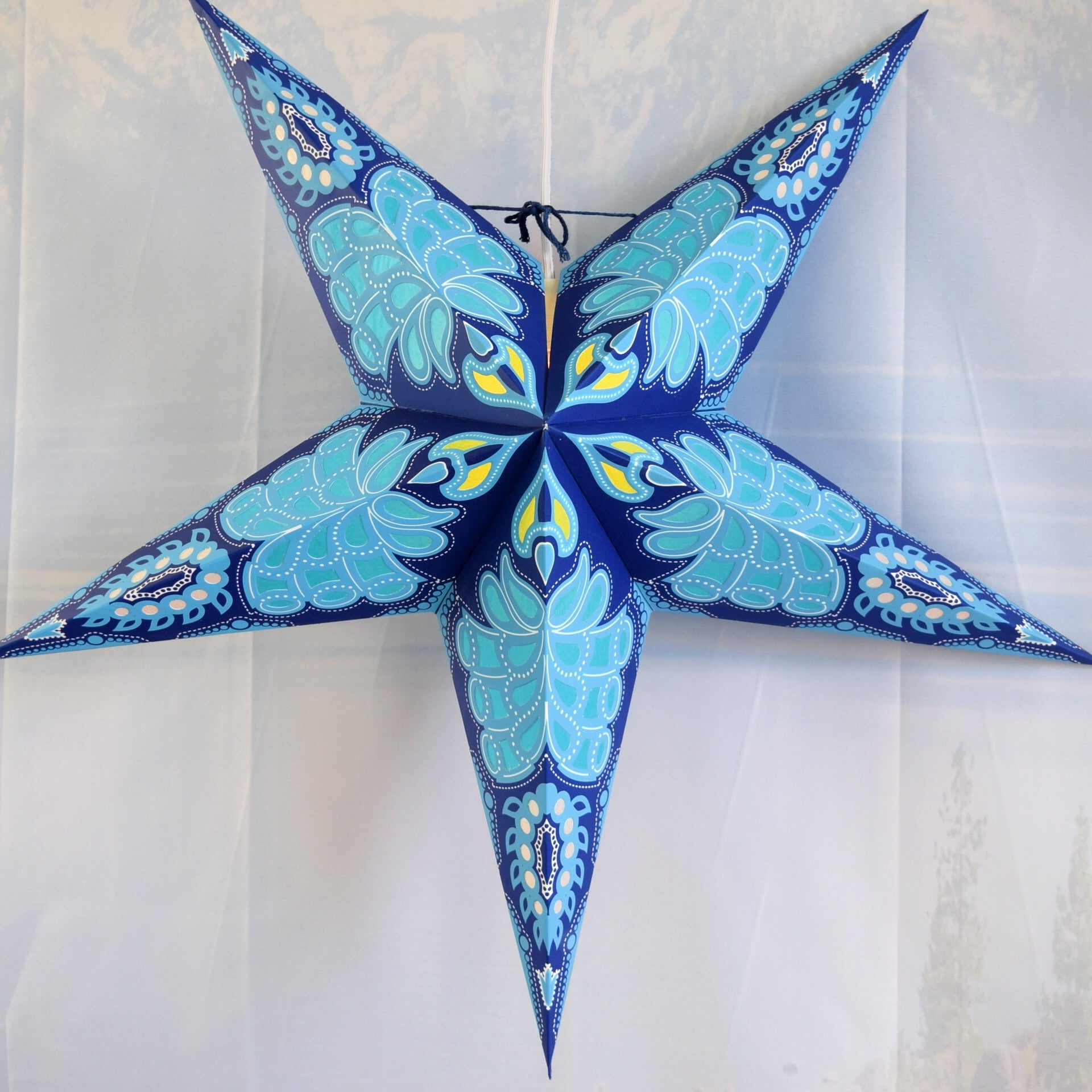 3 Pack 24 Inch Blue Astral Glow Paper Star Lanterns with Triple Pendant Lights - Perfect for Bedroom, Party, Wedding & Outdoor Decor