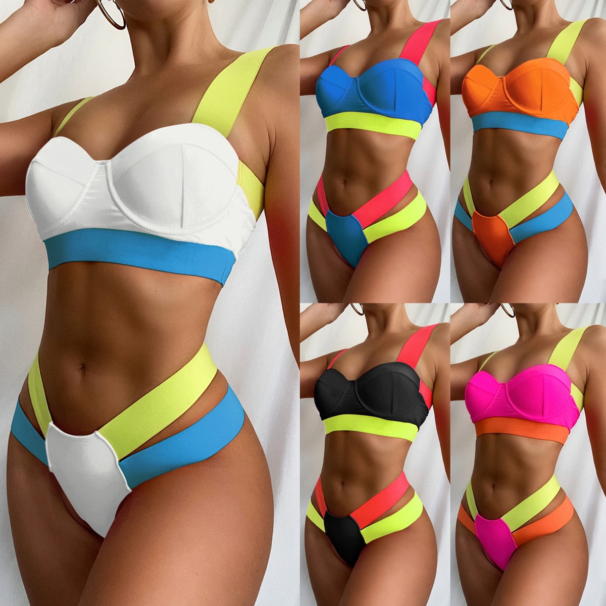 Sexy Push Up Bikini Set - High Waisted Bandage Swimwear with Color Block Patchwork Design | Perfect for Beach Vacations, Pool Parties & Summer Getaways
