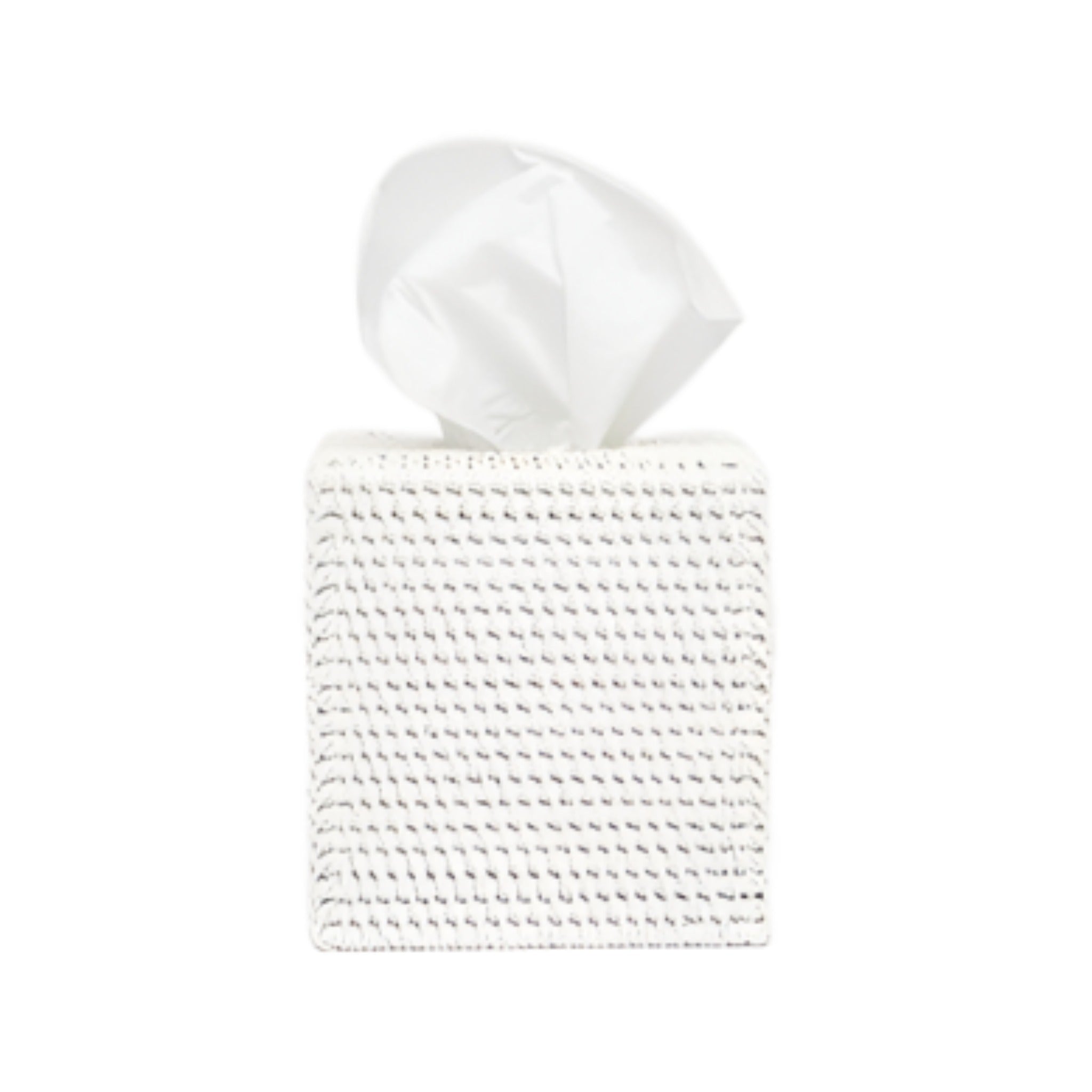 White Dalton Woven Rattan Round Wastebasket with Optional Tissue Box - Stylish Trash Can for Bedroom, Bathroom & Office Decor