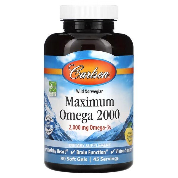 Carlson Labs Maximum Omega 2000 Fish Oil Supplement - 60 Softgels for Heart, Brain & Joint Health | Supports Cognitive Function & Cardiovascular Wellness