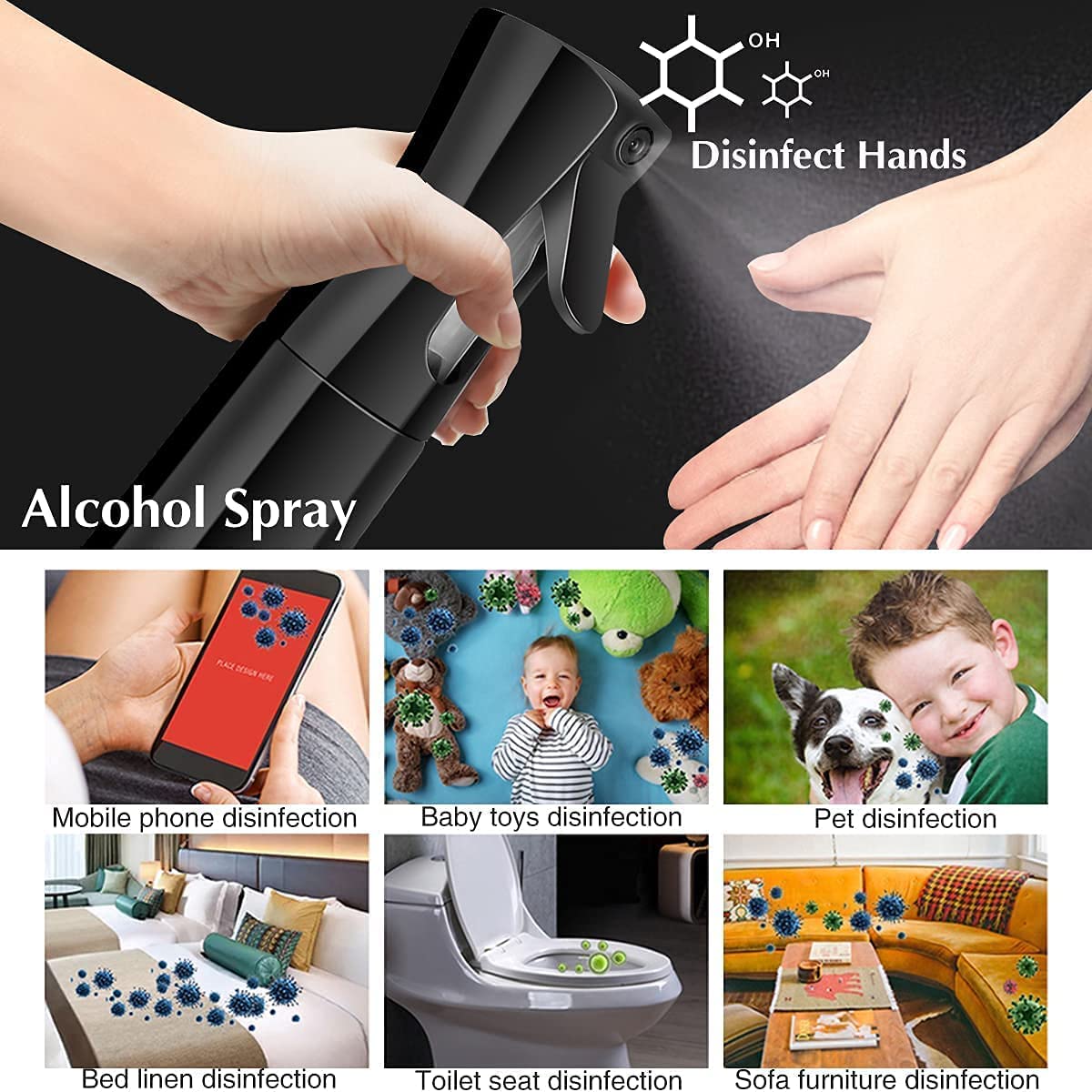 BIRZAR 300ML Refillable Spray Bottle - Hair Mist, Facial Spray, Salon Water Sprayer, Laundry & Cleaning Spray Bottle (Black) - Perfect for Hair Styling, Skincare, Plants & Home Use