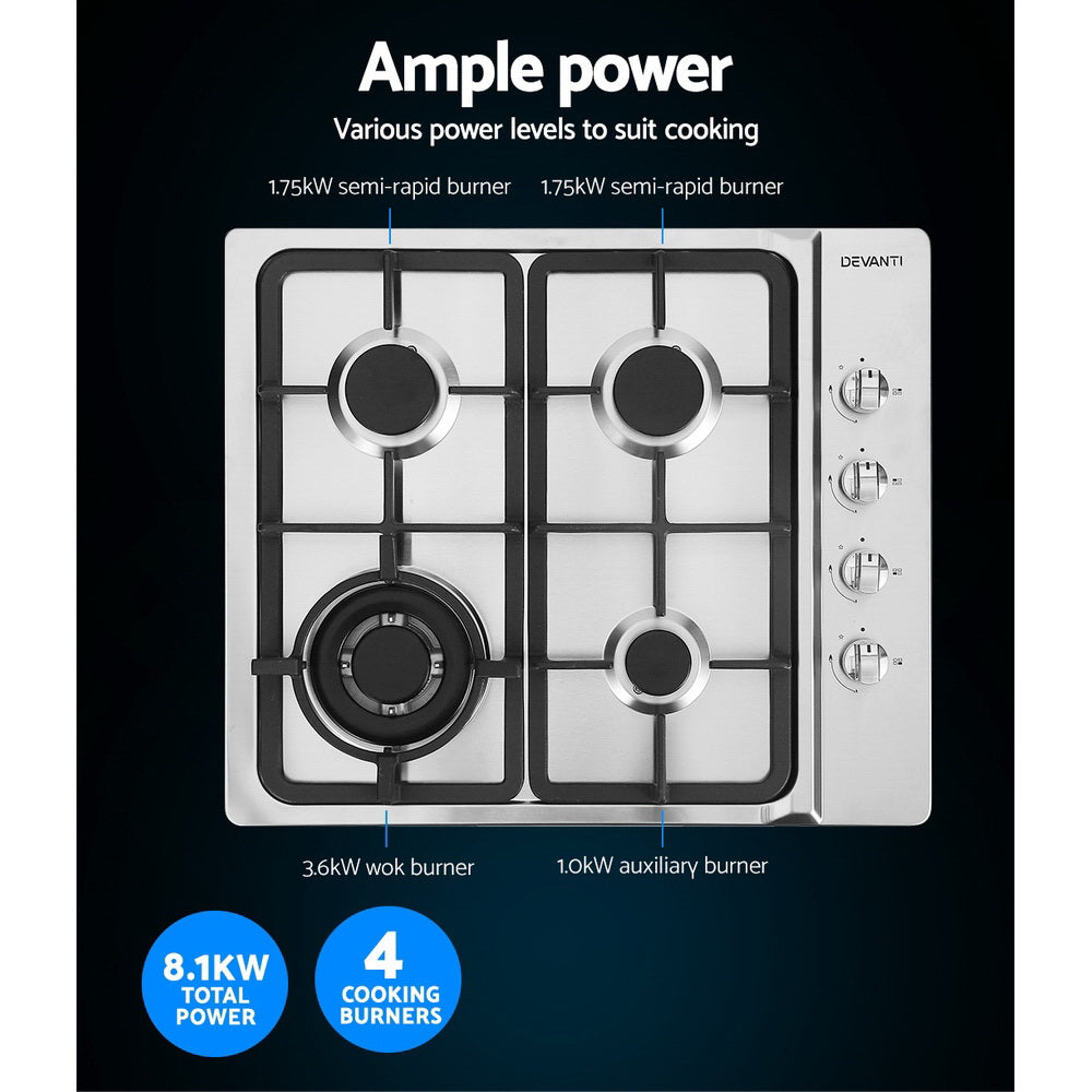 Devanti 60cm Gas Cooktop Stove Hob - 4 Burner Stainless Steel Gas Stove for Modern Kitchen Cooking | Perfect for Home, Apartment & RV Use