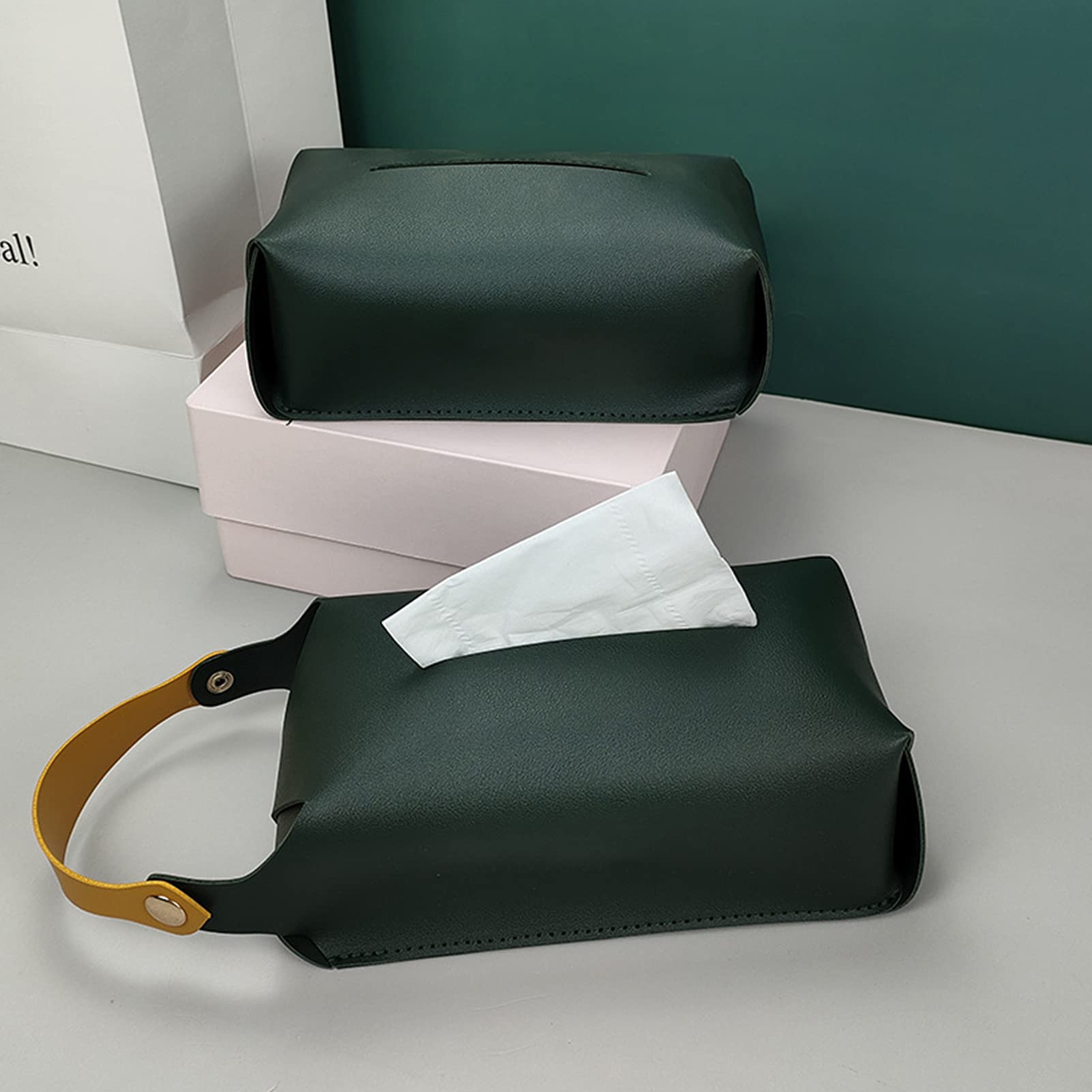 Walbest PU Leather Rectangular Tissue Box Cover - Reusable & Dual Purpose Hanging Tissue Holder for Home, Office, or Car (1PC, Green) | Napkin Box Organizer for Desk, Bathroom & Kitchen Decor
