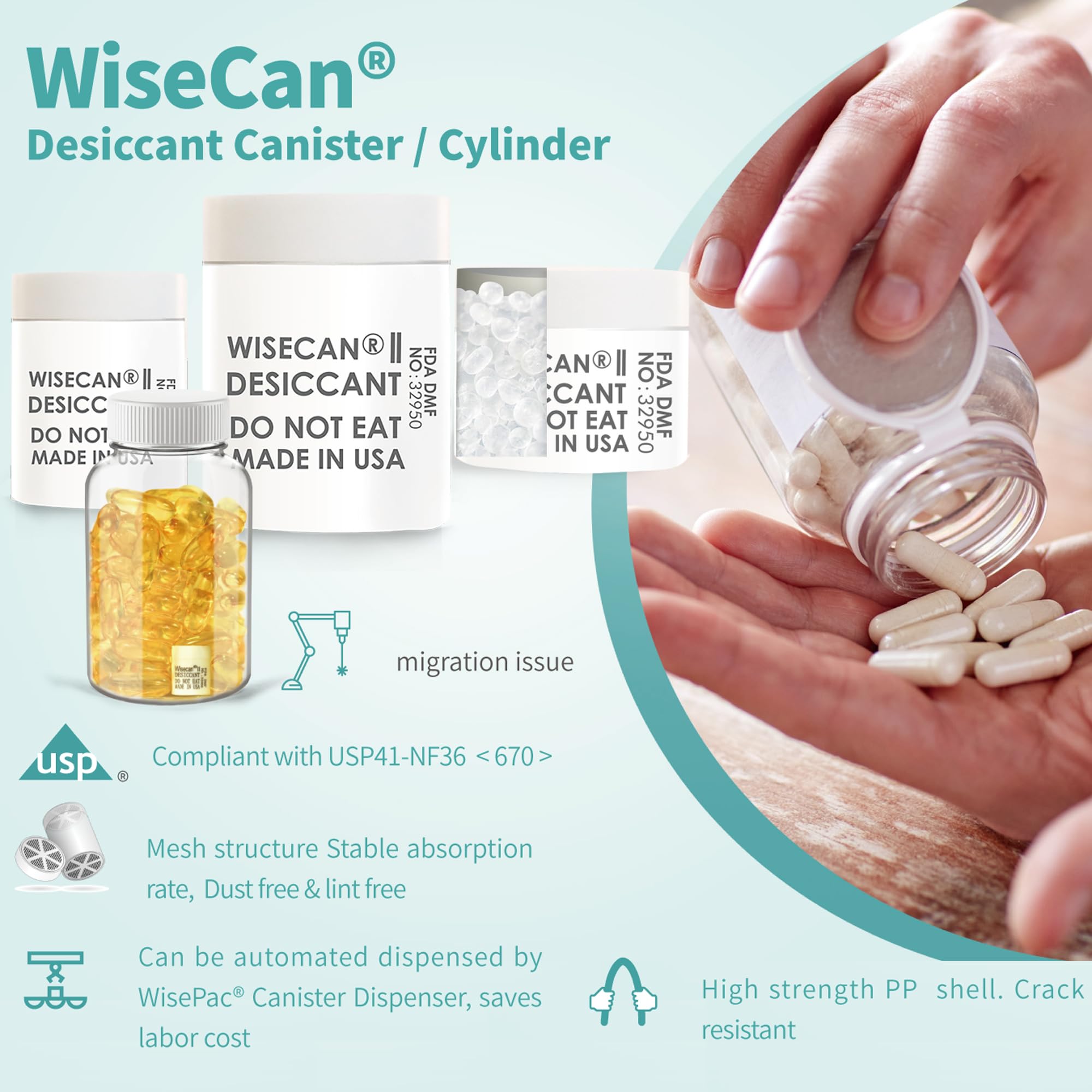 50 Pack 3 Gram Silica Gel Canister Desiccants - Food Safe Moisture Absorbers for Dry Storage | Wisecan Dehumidifier Capsules for Food, Medicine & Electronics Protection