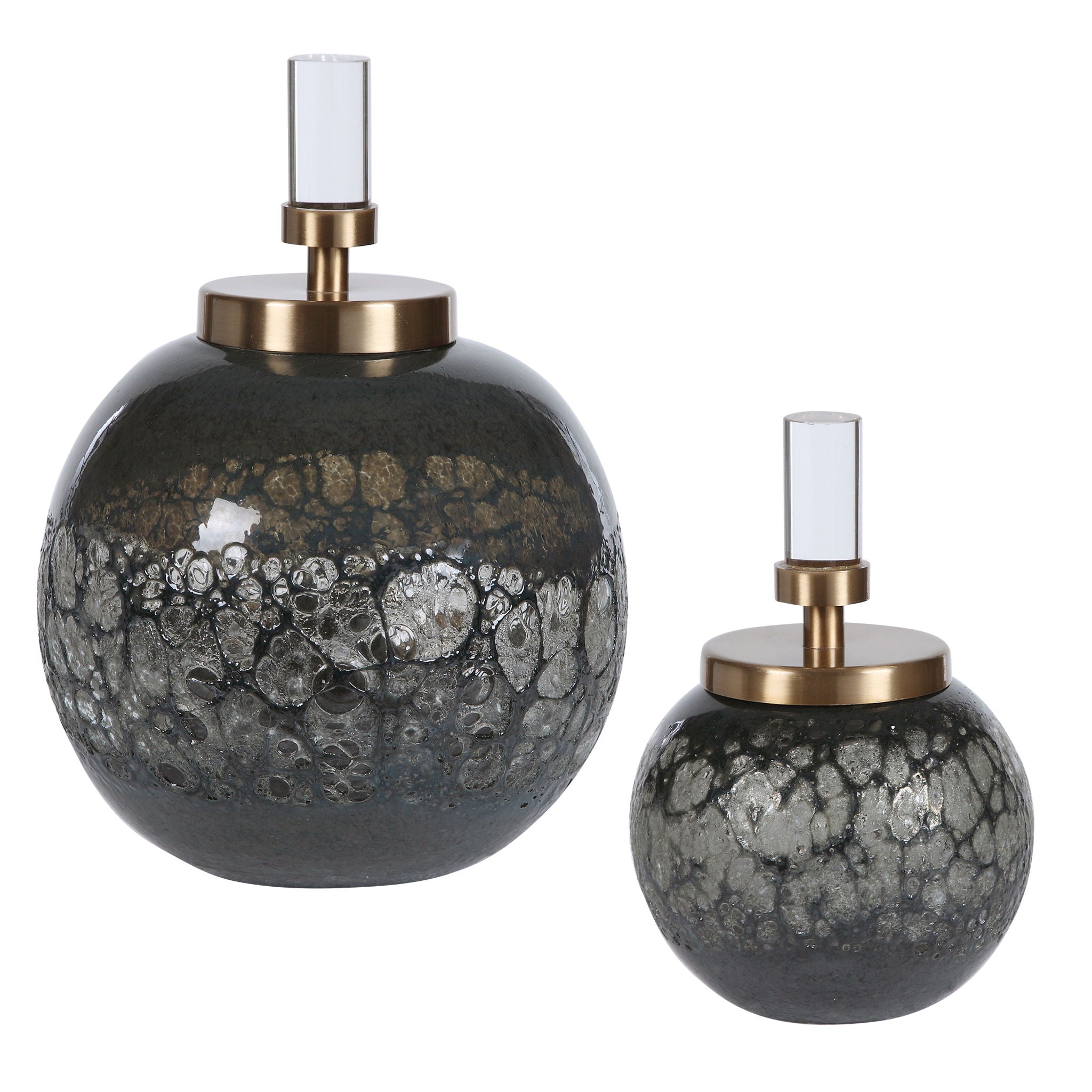 Art Glass Bottles Set of 2 - Dark Gray Handmade Decorative Vases for Home Decor, Wedding Centerpieces & Gift Giving
