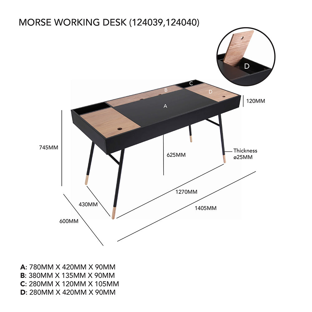 MORSE 140cm Study Desk - Black & Oak Finish, Modern Home Office Desk for Students & Professionals, Perfect for Small Spaces & Dorm Rooms