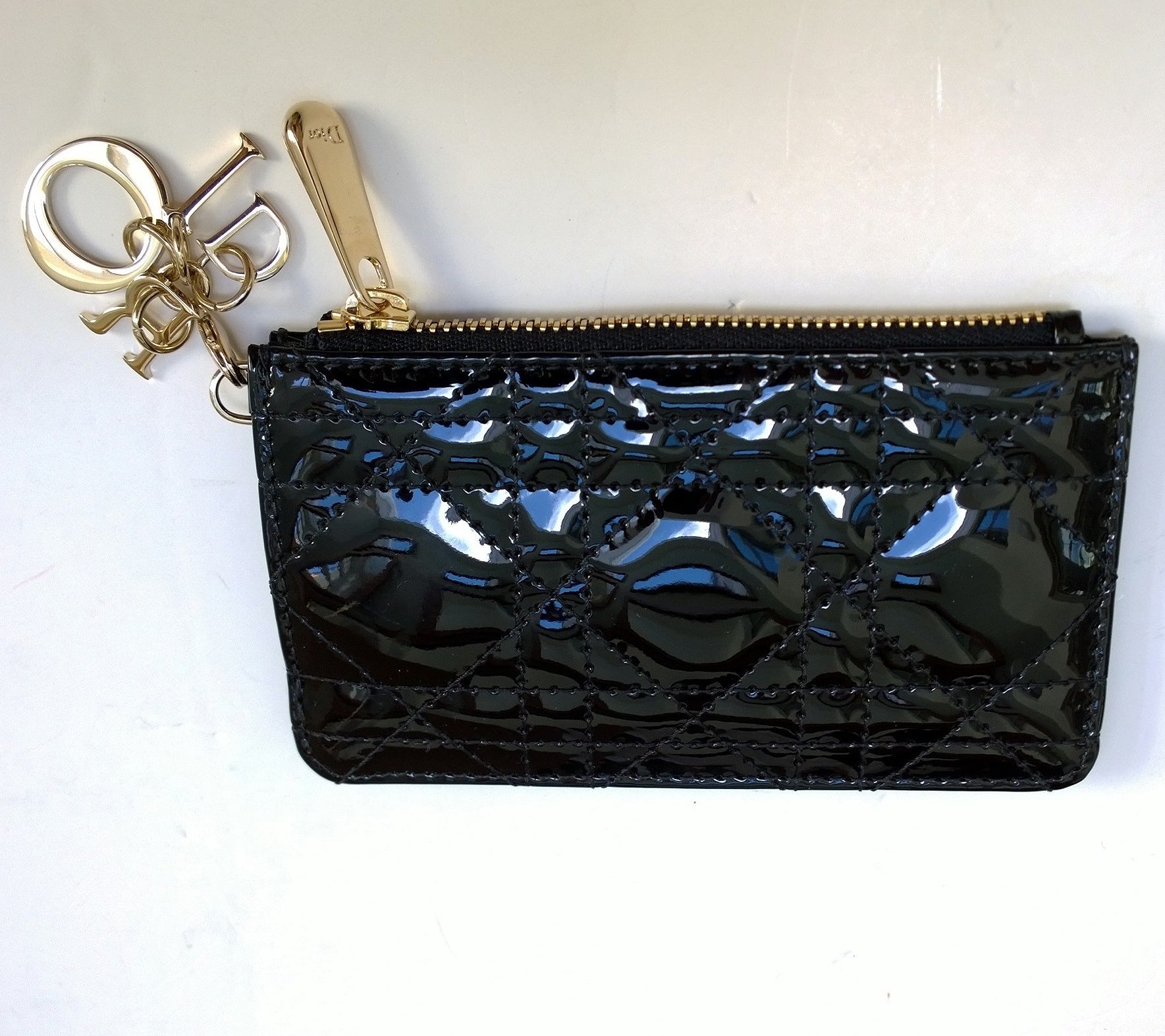 Dior Black Patent Leather Card Wallet with Lady Dior Letter Charm - New in Box | Perfect Gift for Women, Luxury Fashion Accessory for Parties & Special Occasions