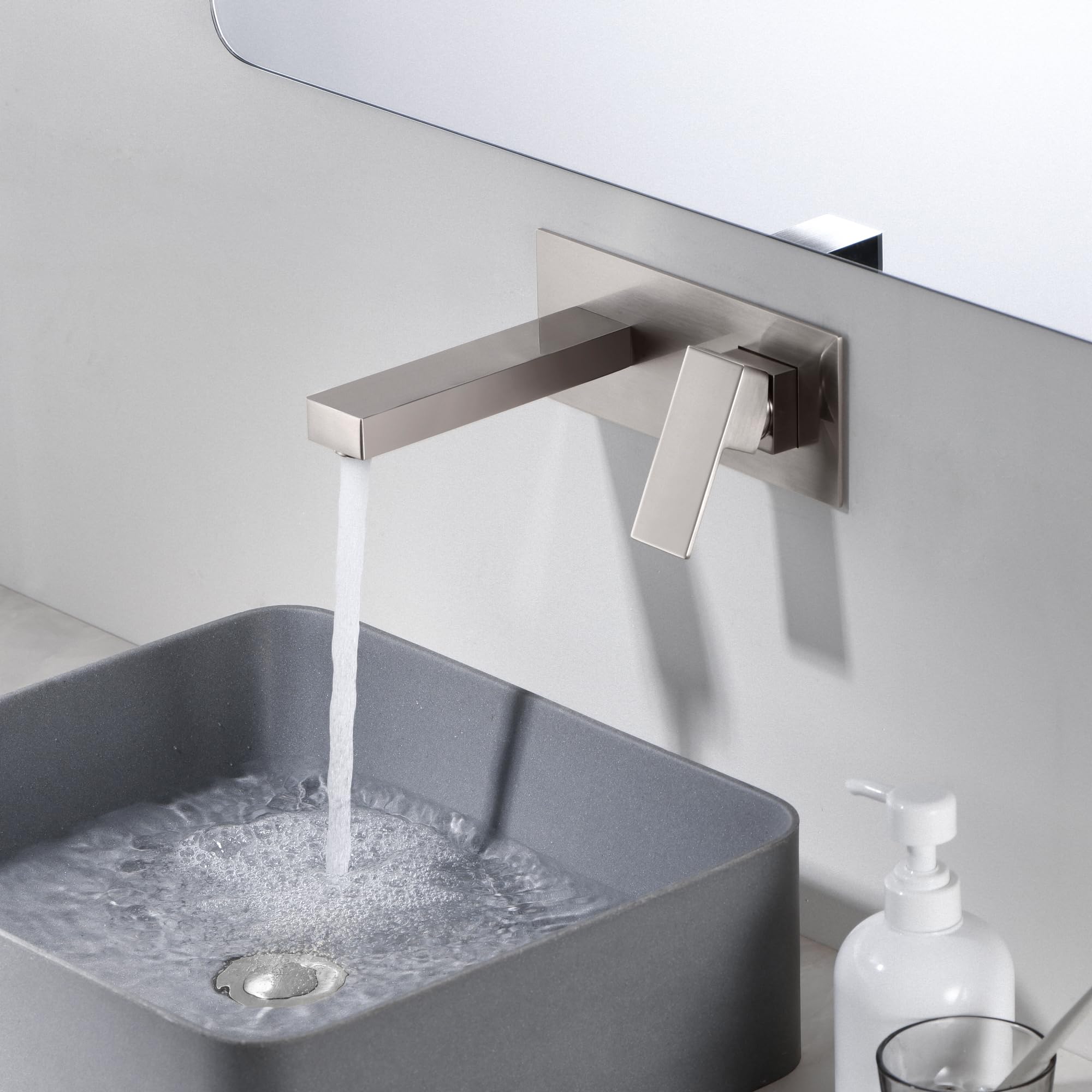 Sumerain Brushed Nickel Wall Mount Bathroom Sink Faucet - Single Handle Basin Faucet with Rough-in Valve - Perfect for Modern Bathrooms, Powder Rooms & Small Spaces