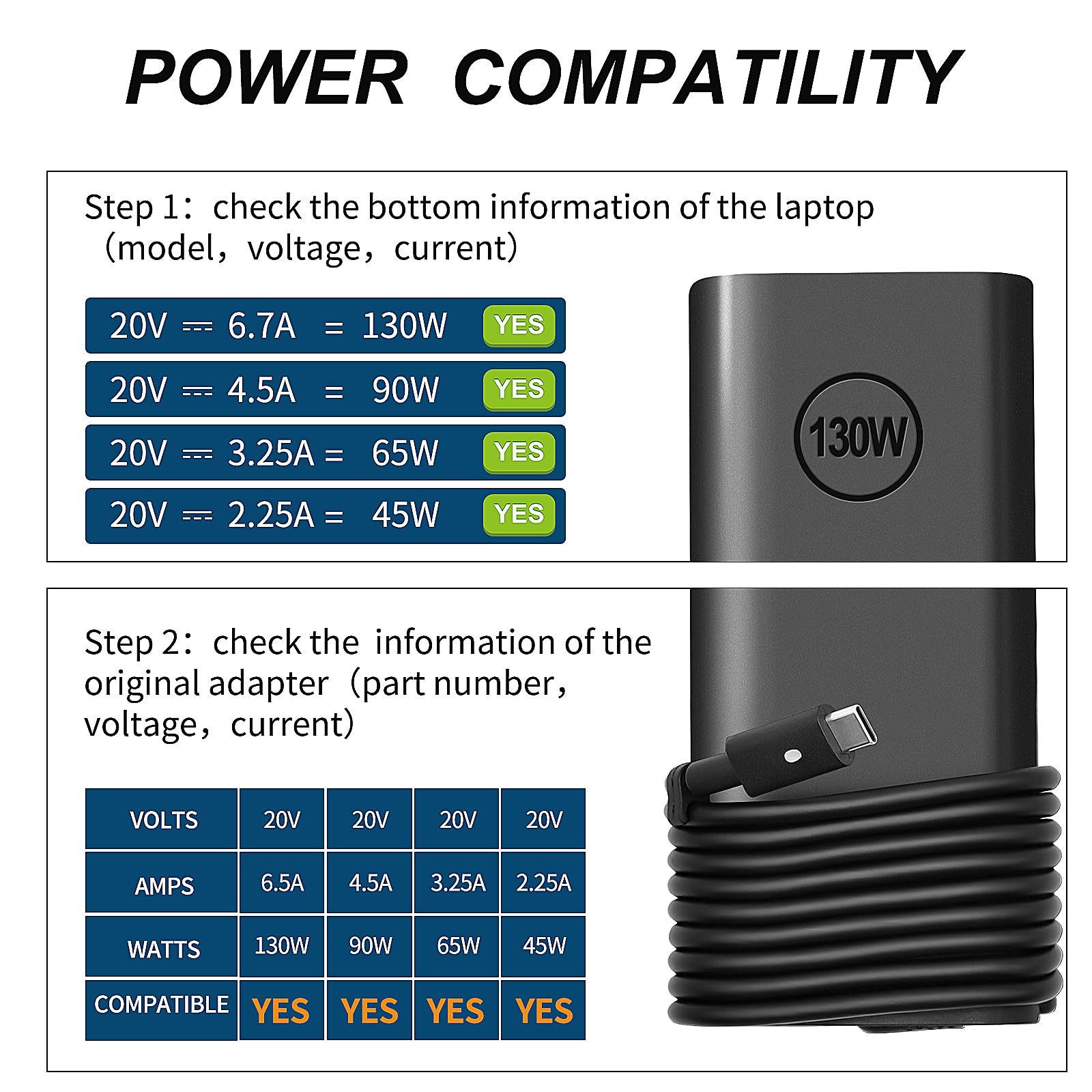 130W USB C Laptop Charger for Dell XPS 15 17 2-in-1, Precision & Latitude Series - 20V 6.5A AC Power Adapter - Perfect for Home, Office & Travel Use