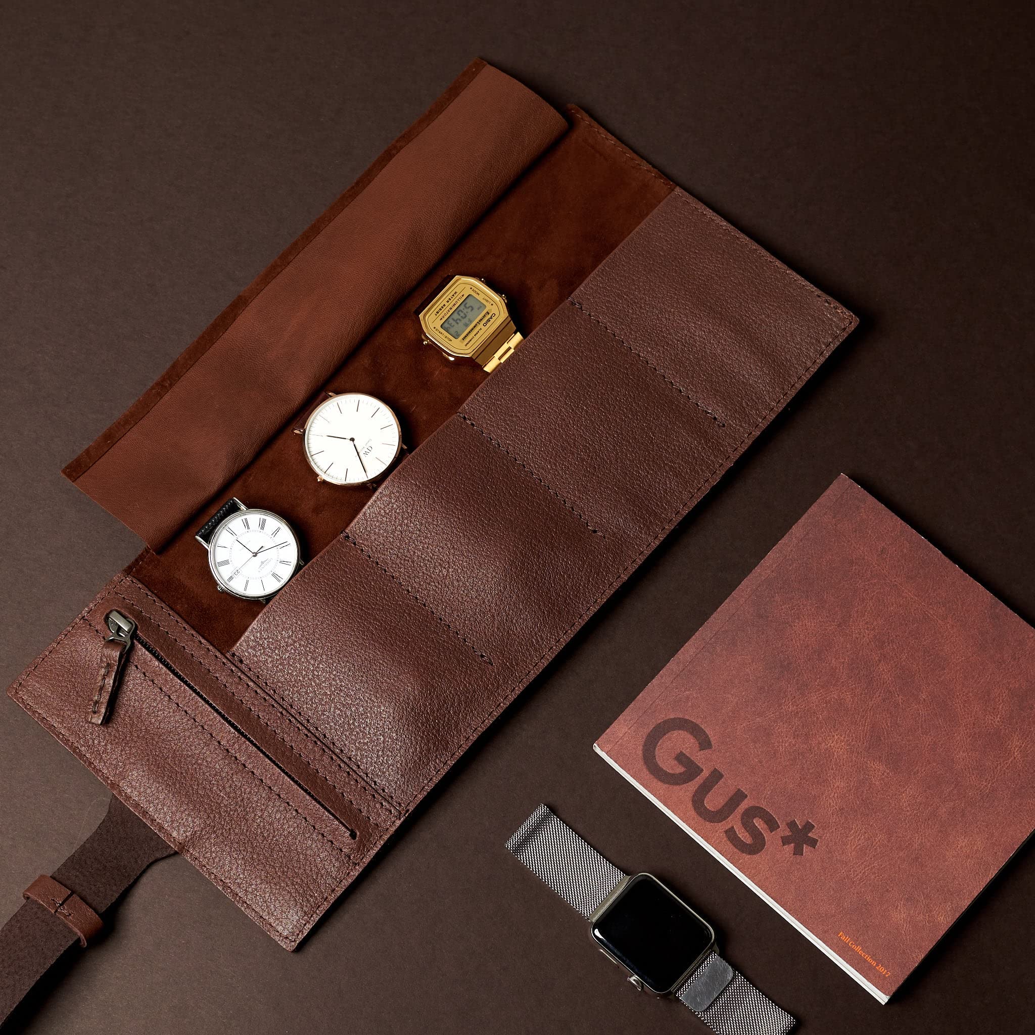 Premium Leather Watch Roll for Men - 3 Watch Storage Pouch with Soft Lining | Travel Watch Organizer Case for Rolex, Apple Watch & Luxury Watches | Perfect Gift for Watch Collectors & Business Travel (Brown, Holds 4 Watches) - Ideal for Travel, Office & Watch Collection Display