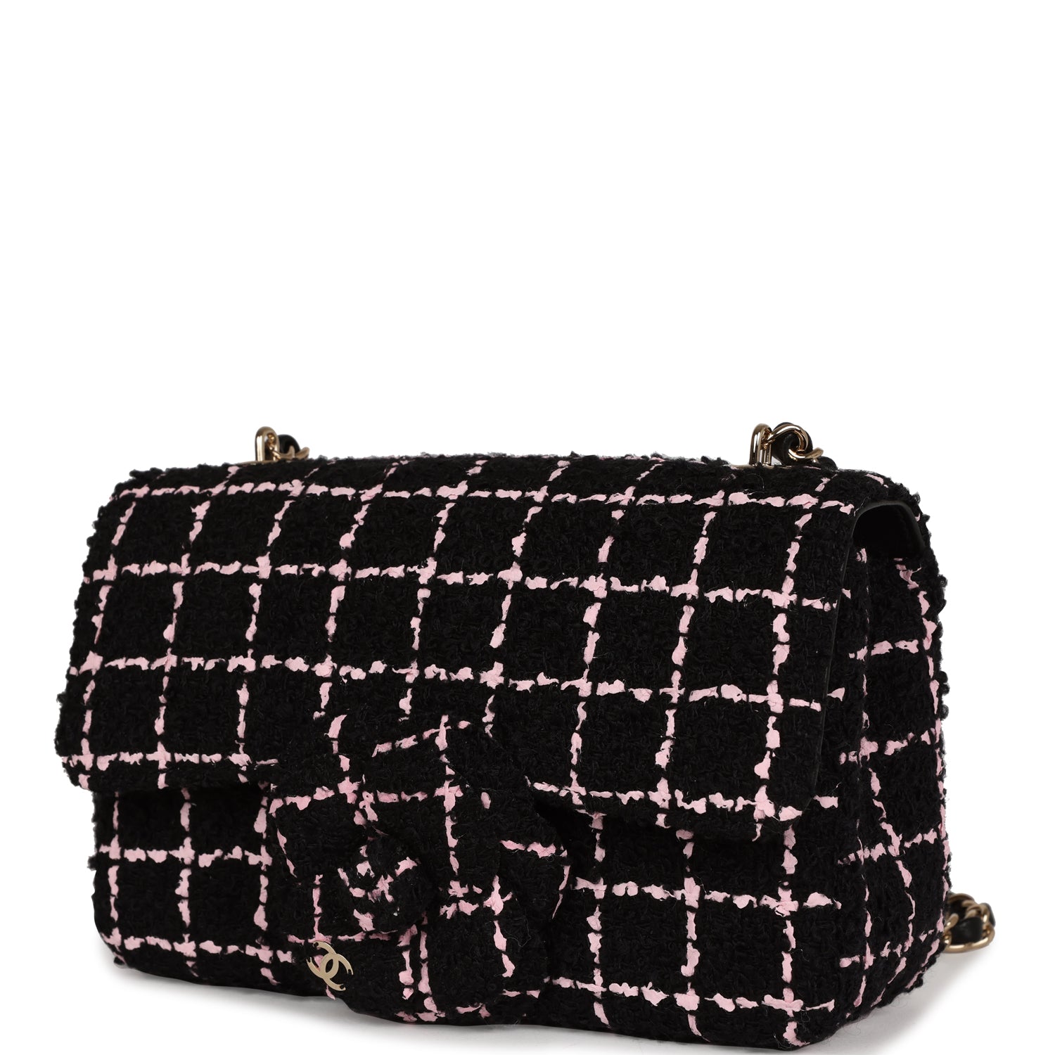 Chanel Mini Camellia Closure Flap Bag in Black & Pink Tweed with Gold Hardware - Luxury Crossbody Purse for Women, Perfect for Parties & Date Nights
