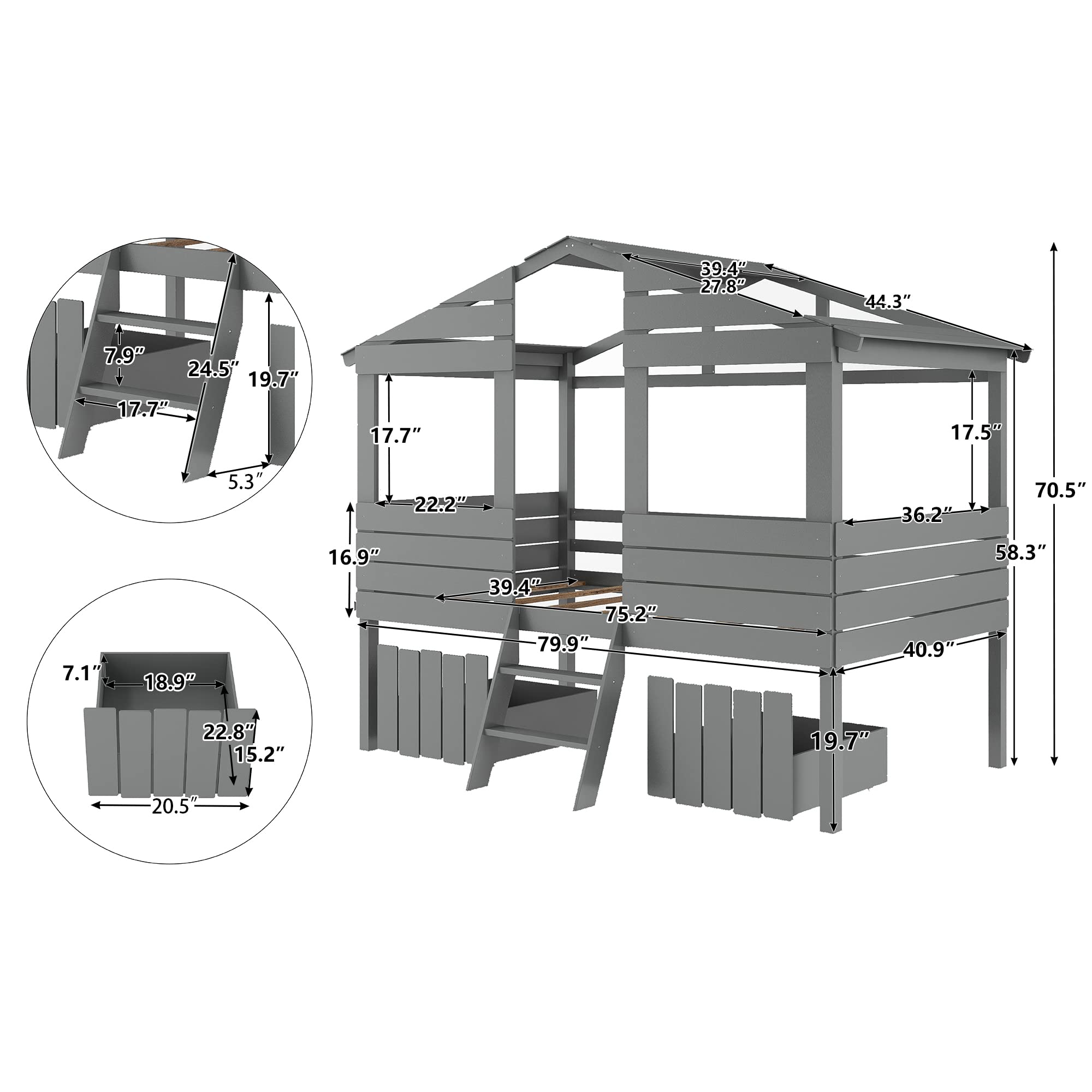 Kids Twin Size Wood Loft Bed with Two Drawers, Windows & Roof Design - Fence-Shaped Guardrails & Short Ladder - Perfect for Boys & Girls Bedrooms (Gray) - Space-Saving Solution for Small Rooms & Fun Sleepovers