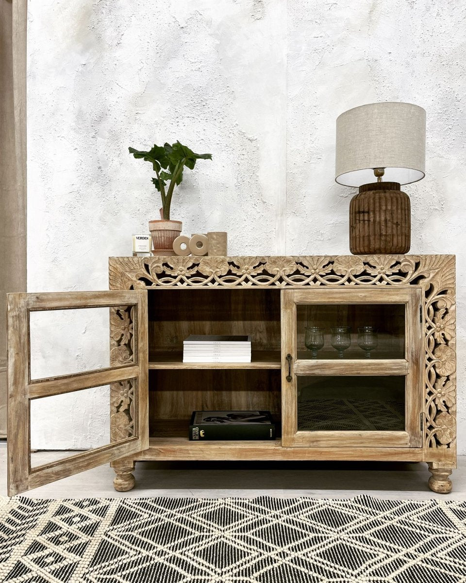 Hand Carved Indian Wooden Sideboard Buffet Table with 2 Doors & Storage - Rustic Dining Room Furniture for Home Decor & Entertaining