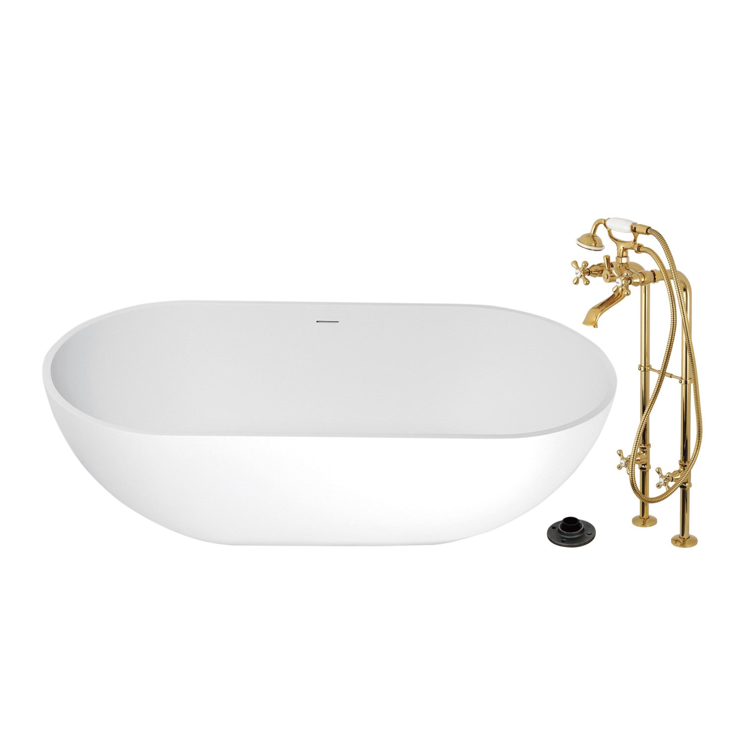 Arcticstone 70 Inch Freestanding Oval Bathtub with Faucet Combo - Solid Surface Double Ended Soaking Tub with Polished Brass Drain - Perfect for Luxury Bathroom & Spa Relaxation