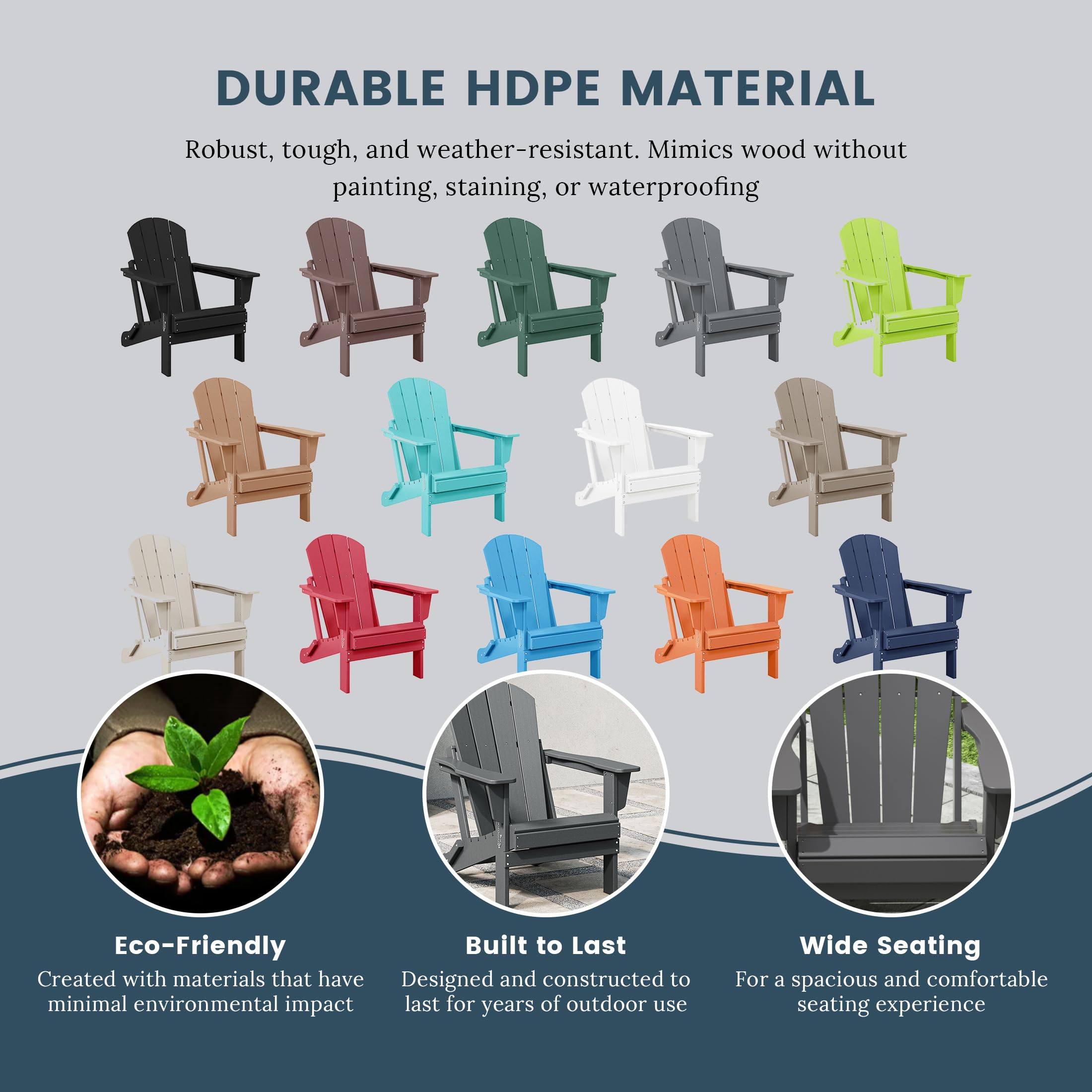 2-Pack HDPE Adirondack Chairs - Outdoor Folding Lounge Chairs for Patio, Poolside, Backyard & Beach - Weather-Resistant UV-Protected Gray Furniture Set - Perfect for Relaxing by Fire Pit, Garden Lounging & Balcony Seating
