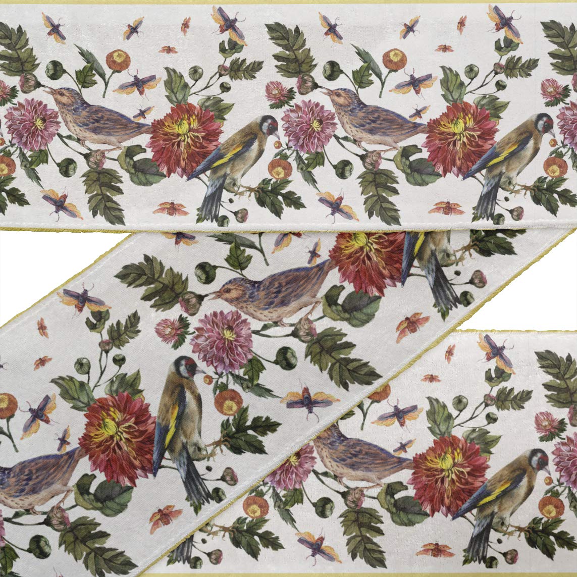 White Bird & Dahlia Floral Ribbon Trim Tape - 4 Inch Wide Printed Velvet Fabric Lace for Sewing & Crafts (9 Yards) - Perfect for DIY Clothing, Home Decor, Gift Wrapping & Scrapbooking