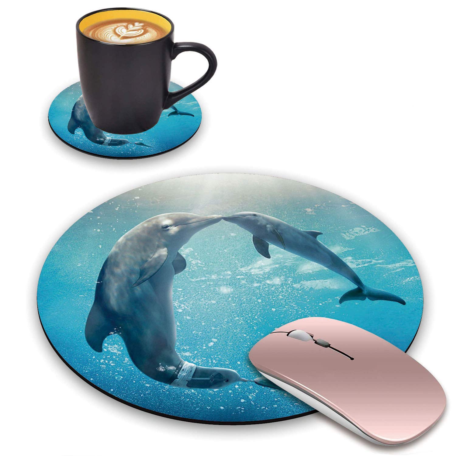 ChaTham Round Mouse Pad with Coasters Set - Non-Slip Rubber Base Dolphin Design for Laptop & Computer - Perfect for Home Office, Gaming & Work Accessories