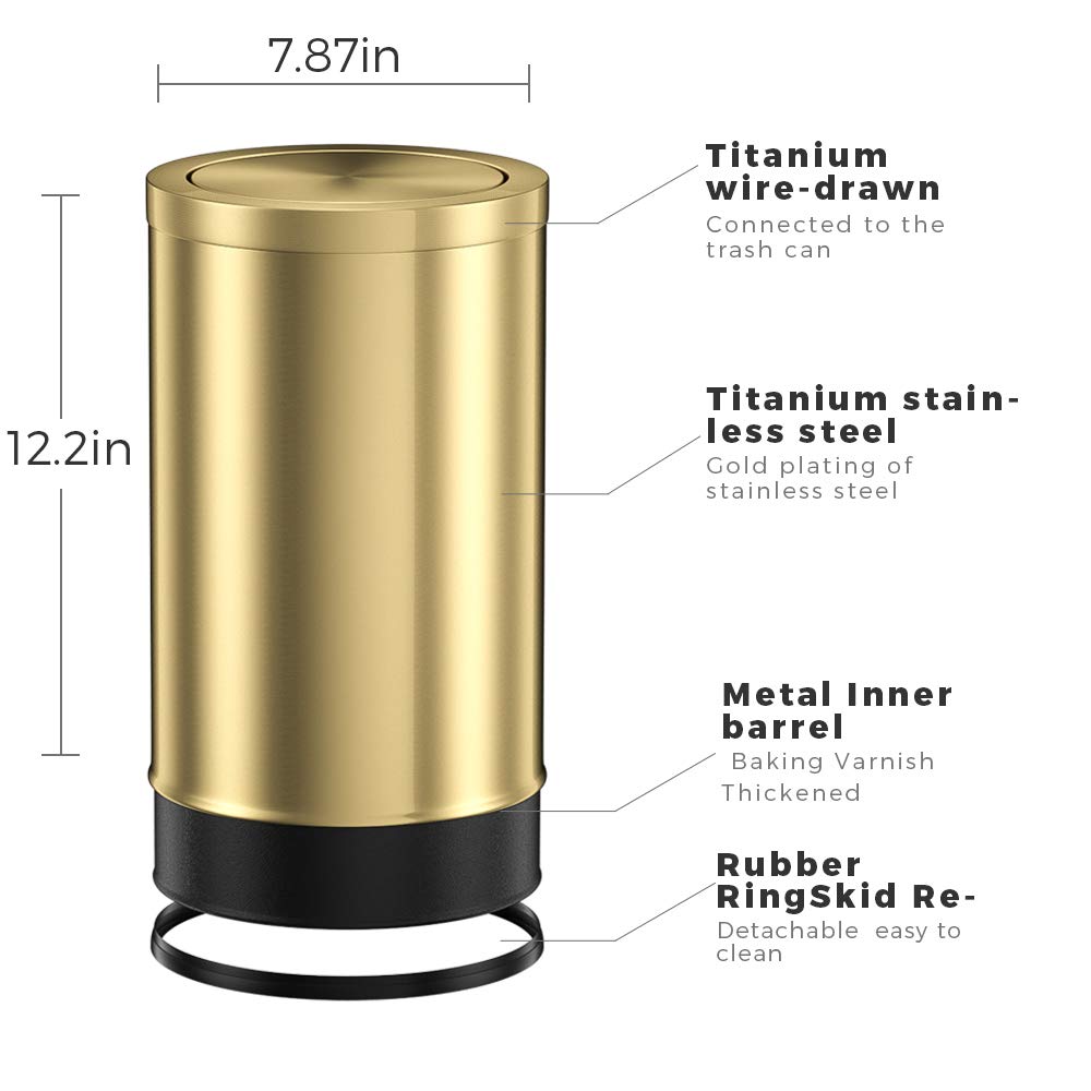 Stainless Steel Trash Can with Flip Lid - 9L for Kitchen, Bathroom & Bedroom - Metallic Gold