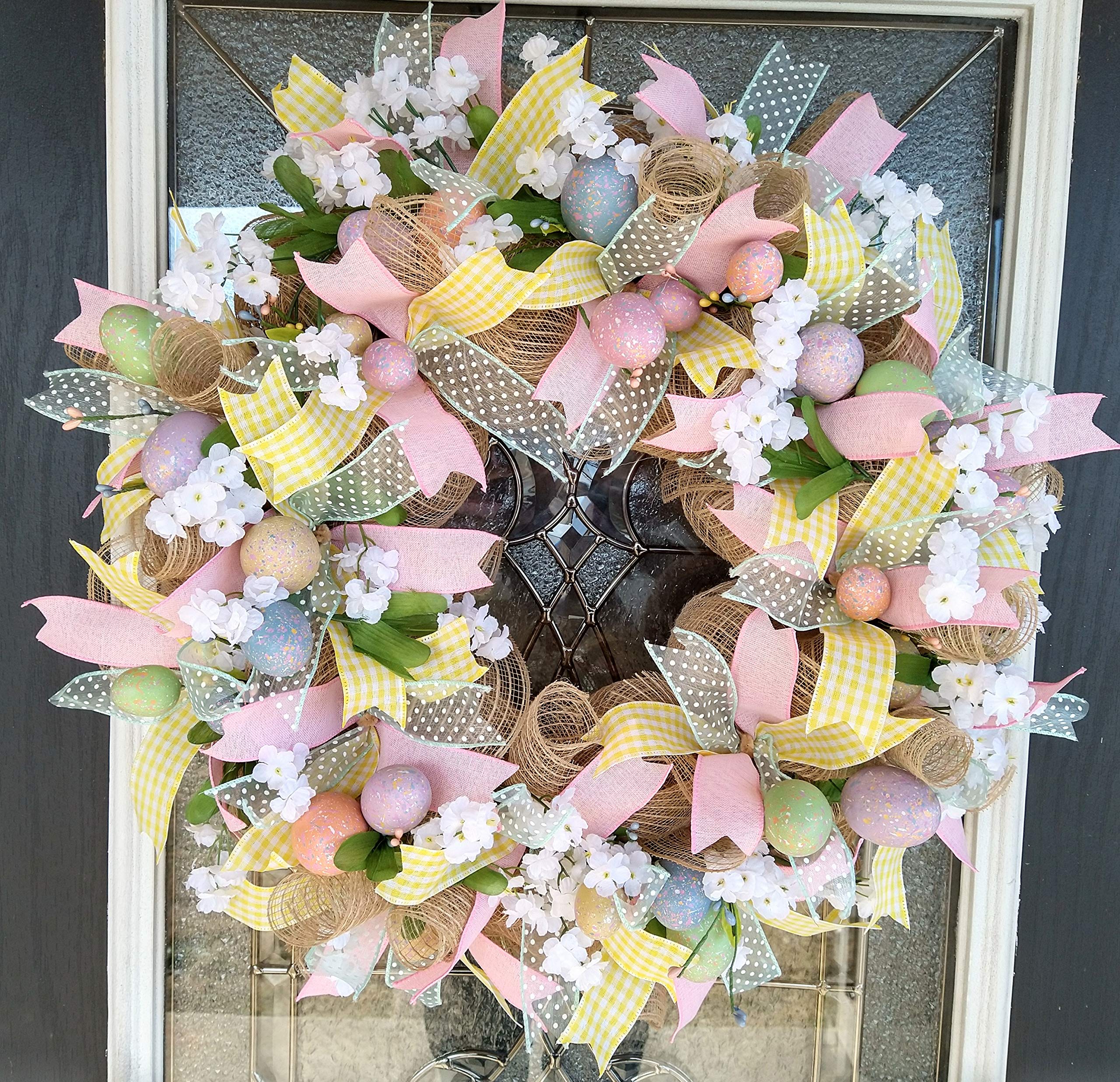 Easter Egg Spring Deco Mesh Front Door Wreath - Handmade Home Decor for Easter, Housewarming & Wedding Gifts - Perfect for Front Porch, Entryway & Seasonal Door Hangers