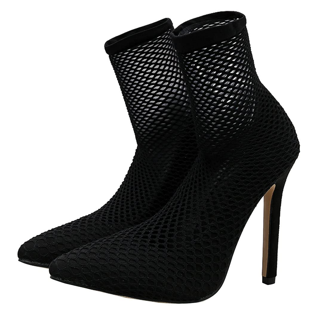 Meefit Women's Mesh Ankle Boots - Stiletto Heel Pointed Toe Perforated Sock Boots for Party, Club & Evening Wear | Comfortable High Heel Booties for Women