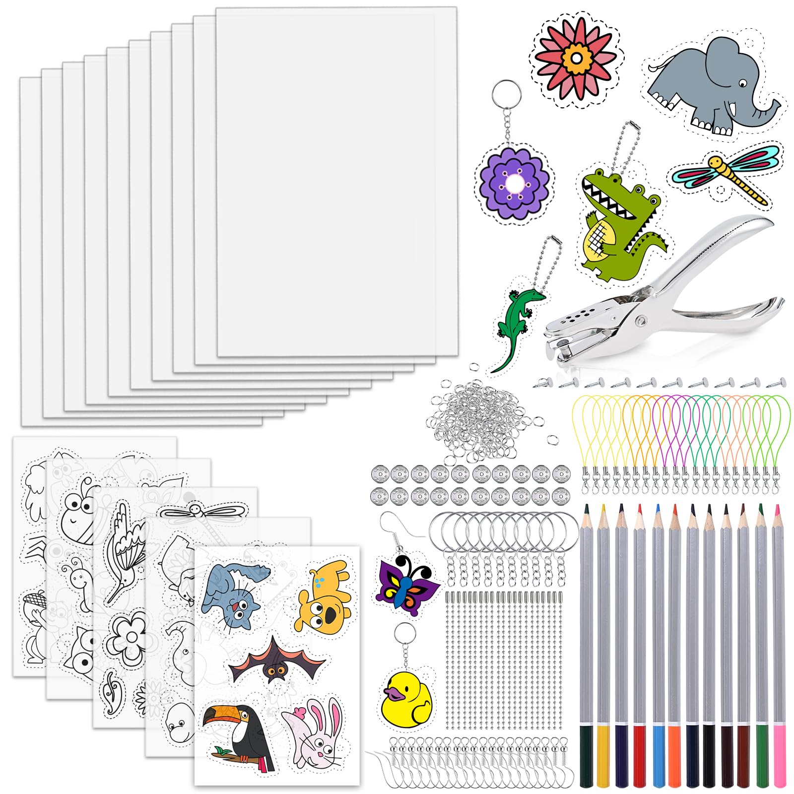 GOLDGE 218 Pcs Shrink Plastic Sheets Kit for DIY Keychains & Crafts - 15 Plastic Sheets, Keychain Accessories, Hole Punch & Pencils - Perfect for Kids Art Projects, Homemade Jewelry & School Activities