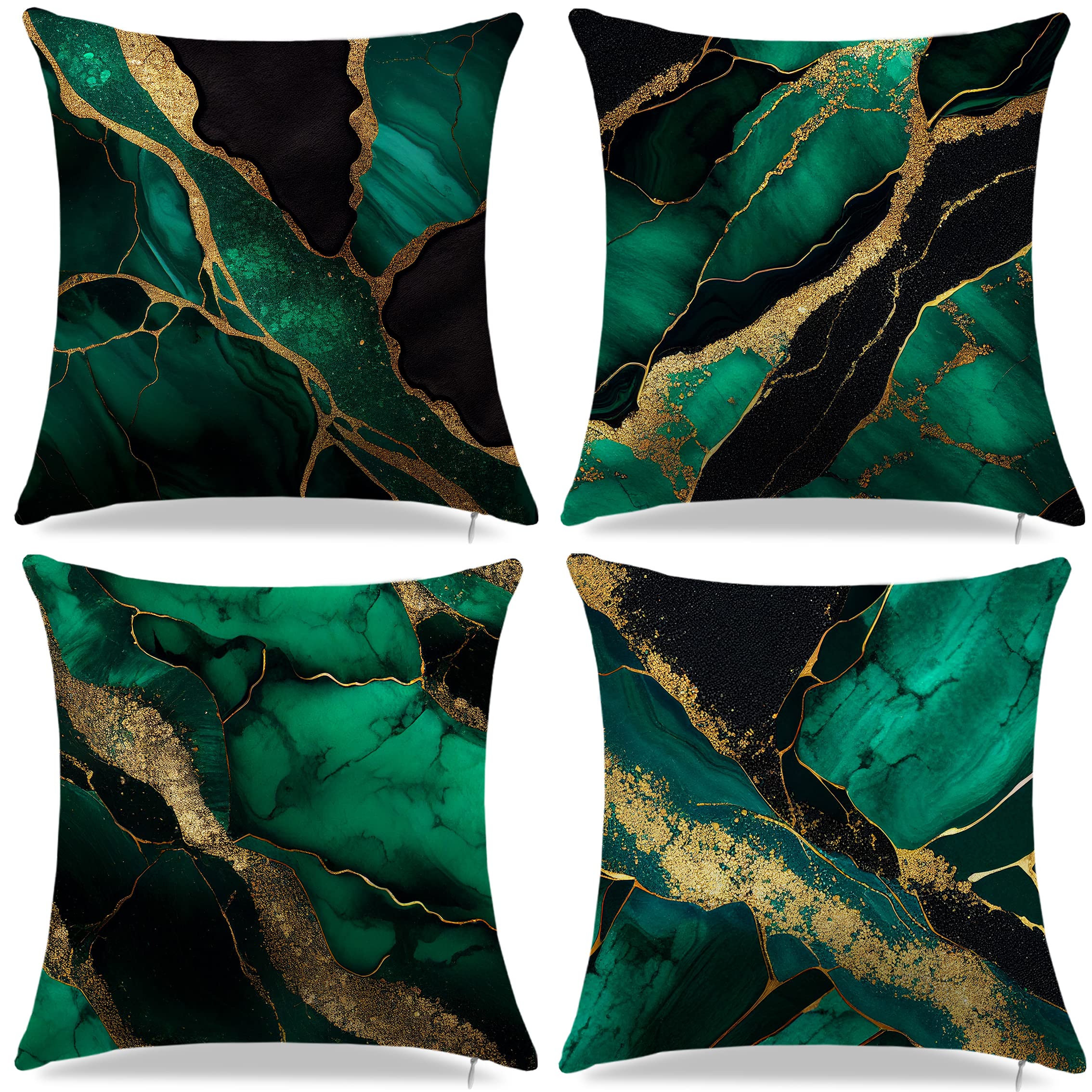 Dark Green Couch Pillow Covers 18x18 Inch - Set of 4 Gold Black & Green Throw Pillow Cases for Sofa, Chair, Bed - Luxury Decorative Cushion Covers for Living Room, Bedroom & Home Decor - Perfect for Cozy Reading Nooks & Modern Interior Design