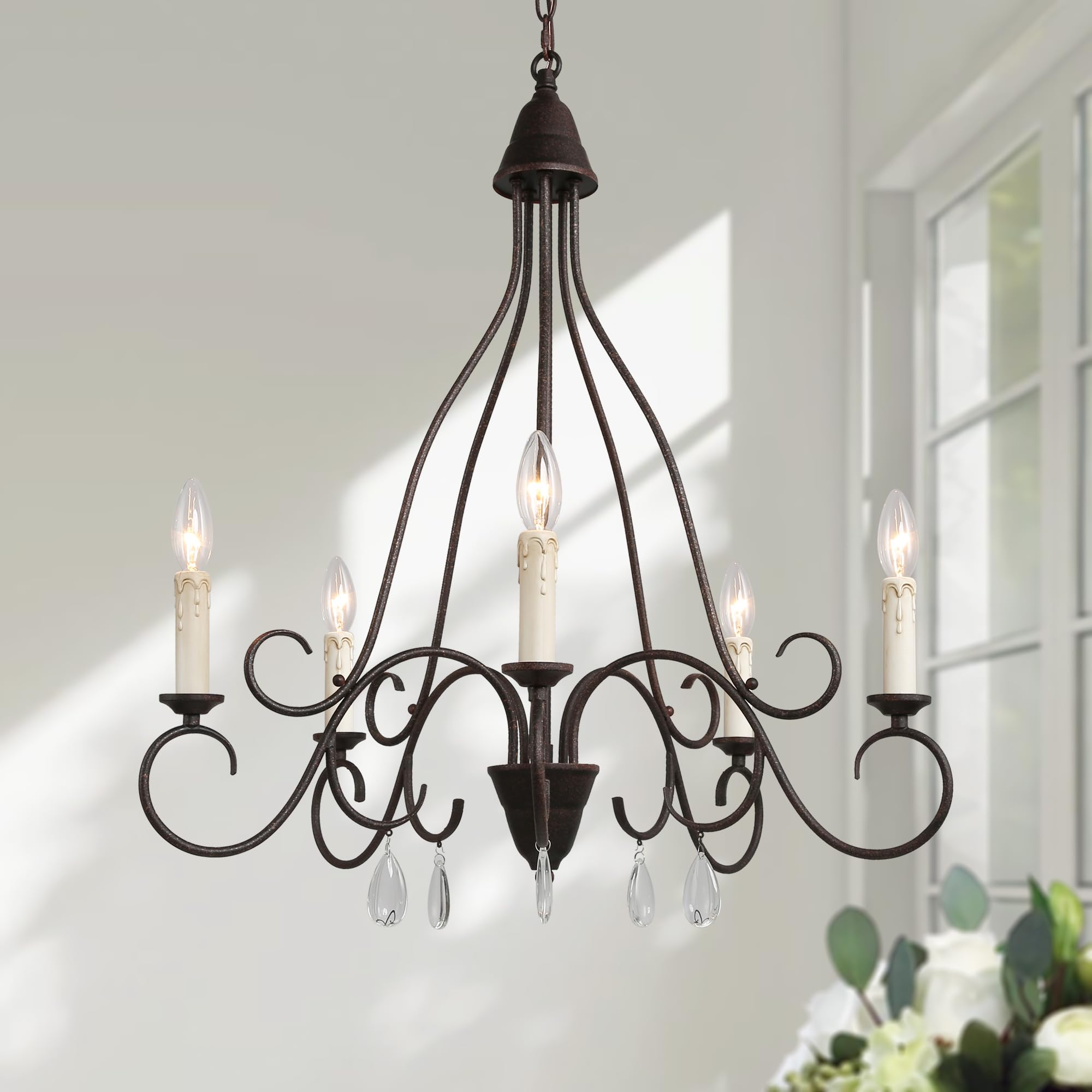 LALUZ 5-Light Farmhouse Chandelier - Rustic Dining Room Lighting Fixture with Crystal Accents - Aged Iron Finish - Perfect for Dining Room, Living Room & Entryway Decor