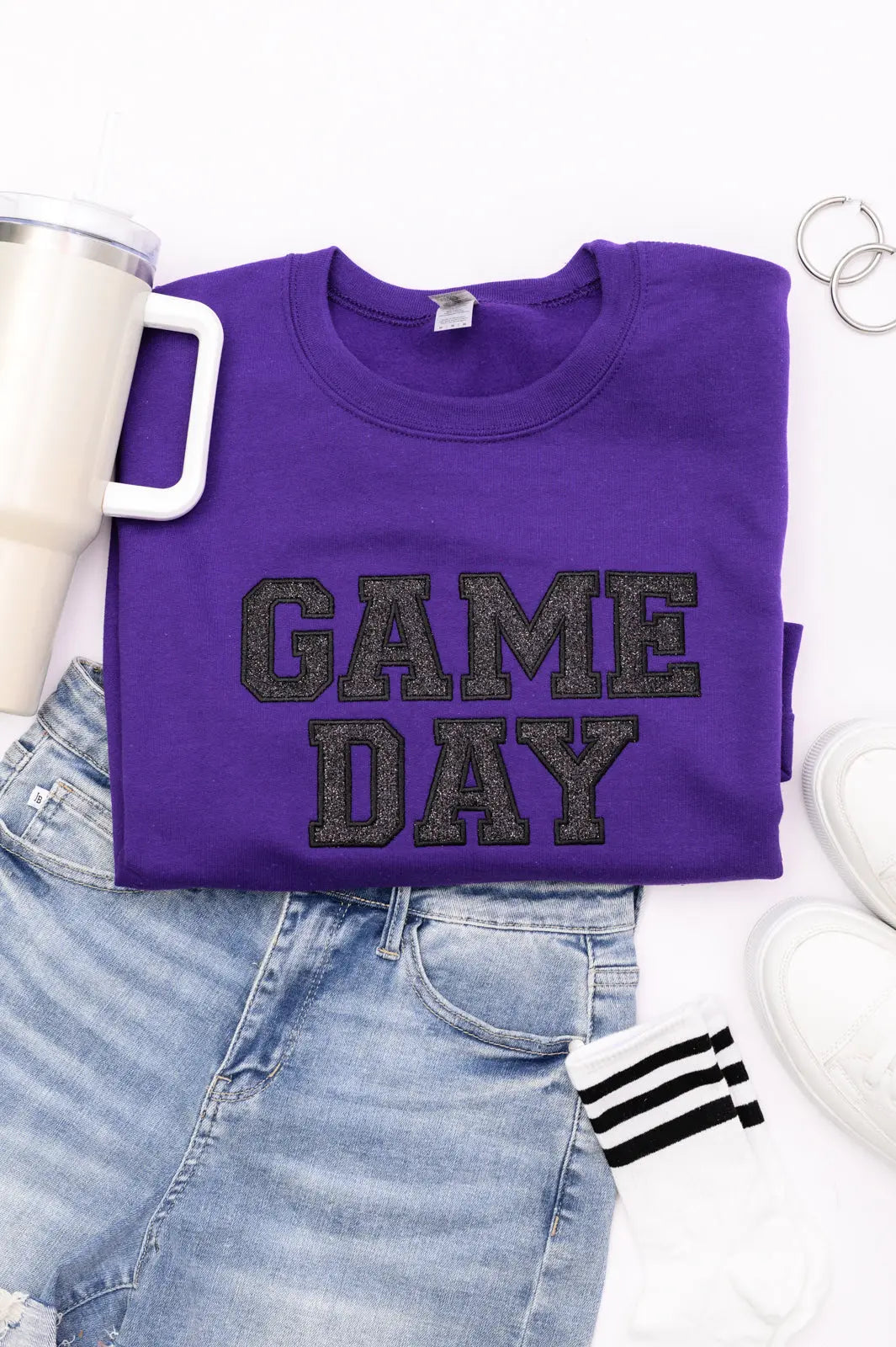 PREORDER: Embroidered Glitter Game Day Sweatshirt - Purple & Black | Women's Sports Fan Apparel for Football, Basketball & Tailgate Parties