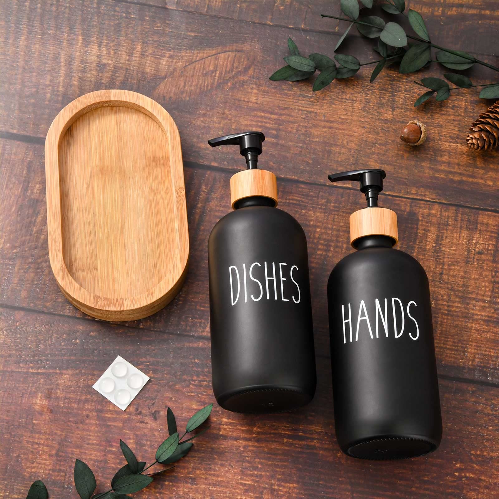 HULISEN Wooden Dish Soap Dispenser Set with Tall Tray - Matte Black Hand & Dish Soap Pump for Kitchen - Modern Farmhouse & Boho Style Home Decor - Perfect for Sink Countertop, Kitchen Island, and Bathroom Organization