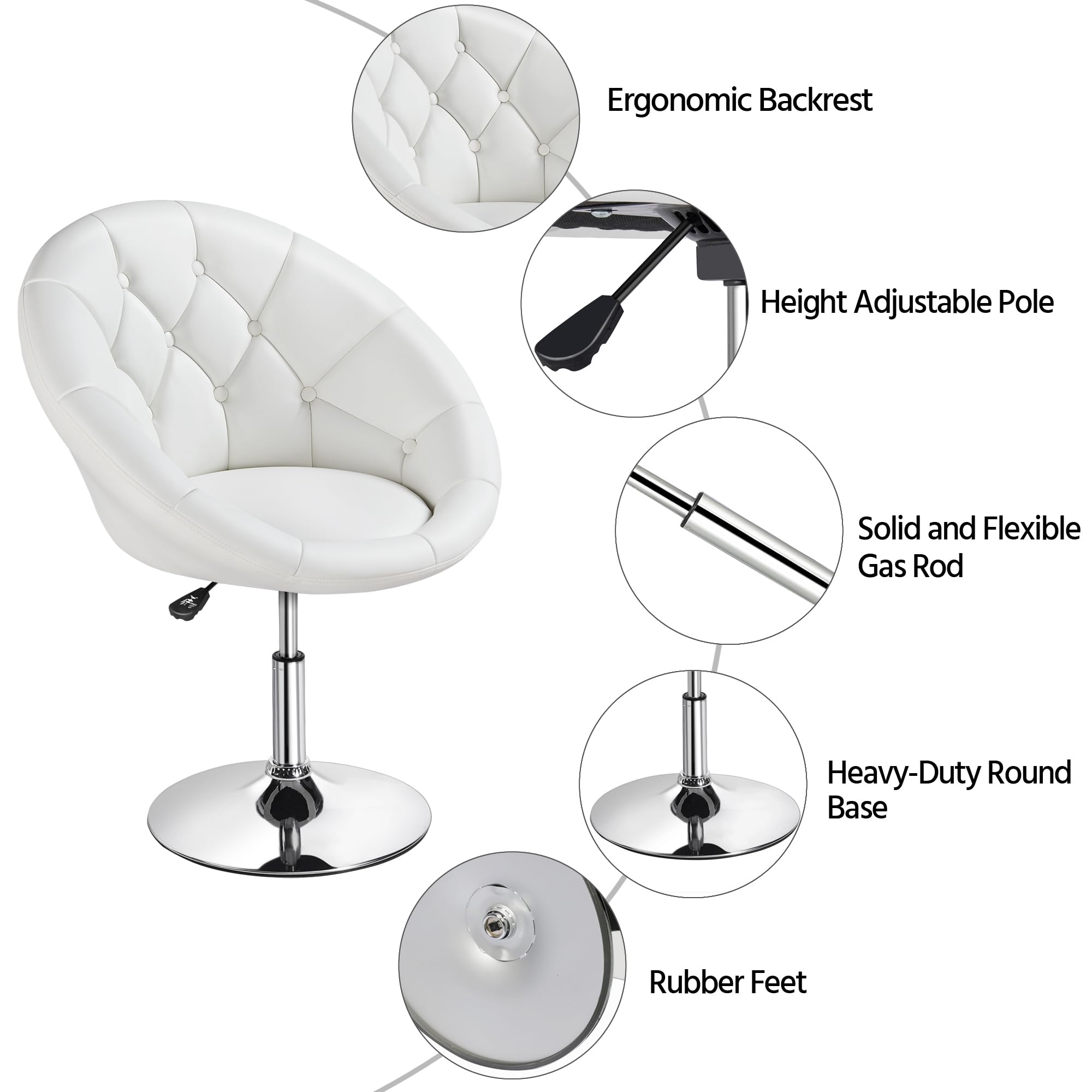 Yaheetech Adjustable Height Makeup Vanity Chair - Swivel Accent Chair with Chrome Frame & Round Back, Tilt Function for Dressing Room, Bedroom, Living Room - Perfect for Beauty Salon, Home Decor & Makeup Application