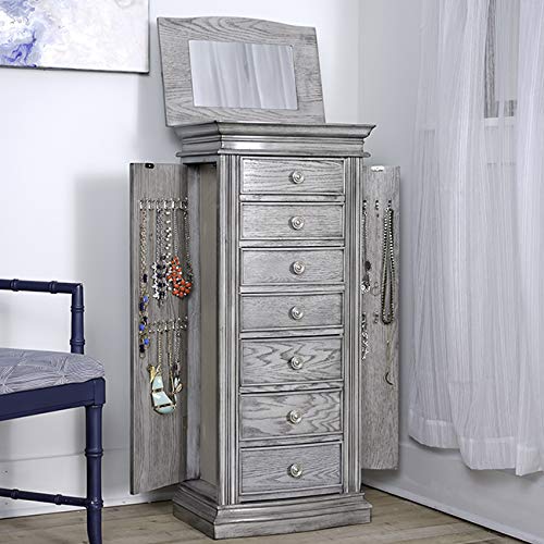 Lawson Standing Jewelry Armoire Cabinet with Mirror - 7 Drawers, 2 Side Doors for Necklace, Earring & Bracelet Storage - Grey Jewelry Organizer Chest for Bedroom, Closet or Dressing Room