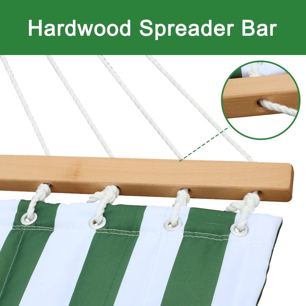 Premium Quilted Fabric Double Hammock with Pillow - Heavy Duty Hardwood Spreader Bar - Outdoor Hammock for 2 Adults 450lb Capacity - Perfect for Patio, Garden, Yard, Pool & Beach Relaxation - Green Stripe Design