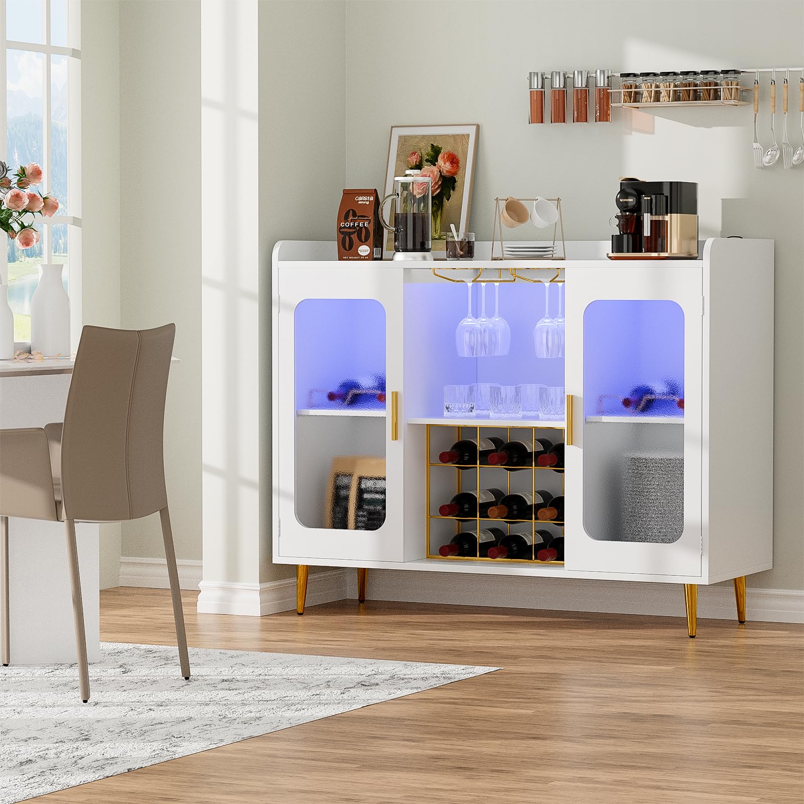 White Liquor Cabinet Bar with Power Outlet & LED Lights - Wine Storage Cabinet with Glass Rack, Home Coffee Bar, Kitchen Buffet Sideboard with Storage Shelf - Perfect for Dining Room, Home Bar Setup & Entertaining Guests